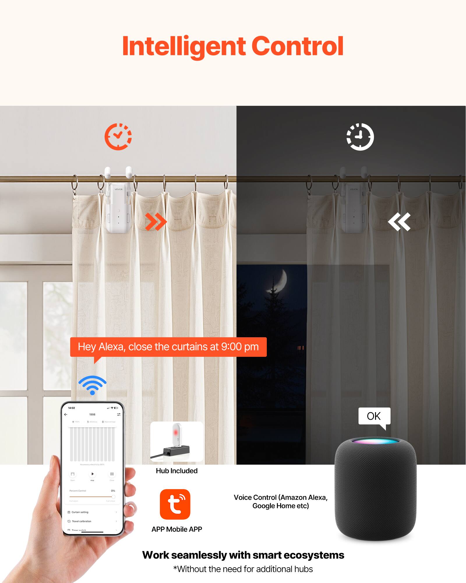 Intelligent Control

Hey Alexa, close the curtains at 9:00 pm

OK

Hub Included

APP Mobile APP

Voice Control (Amazon Alexa, Google Home etc)

Work seamlessly with smart ecosystems *Without the need for additional hubs