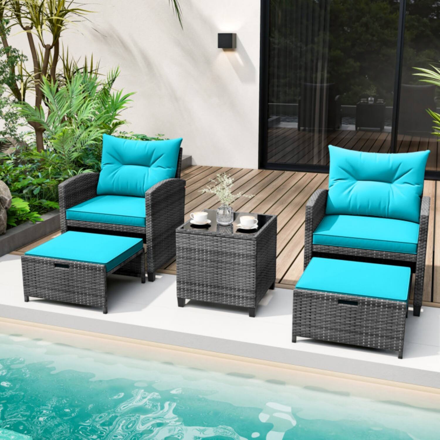 Front. Mondawe - 26 x 25.5 x 30 IN Freestanding Patio Rattan Set with 2 Chairs, 2 Ottomans & Table 5-Piece - Turquoise+Mix Gray.