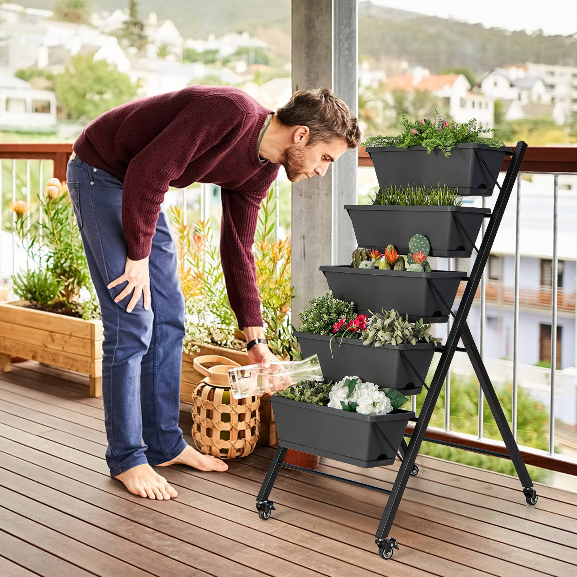 Alt View 4. Costway - 5-Tier Vertical Raised Garden Bed Elevated Planter with Wheels & Container Boxes - Gray.