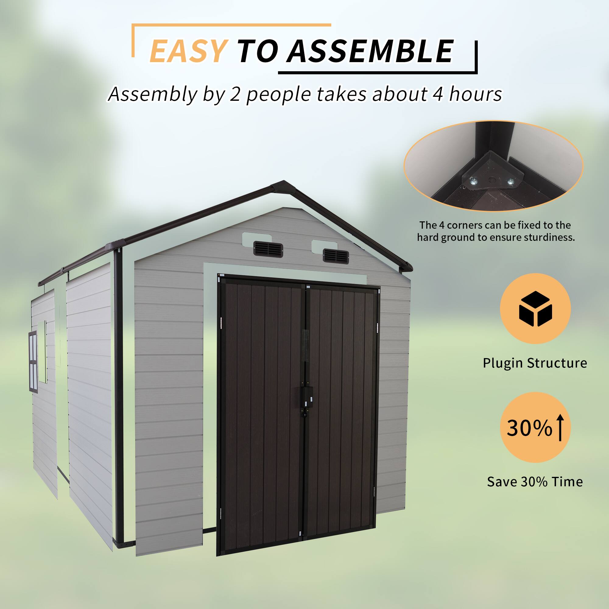 Alt View 4. Mondawe - 8x8FT Outdoor Resin Storage Shed with Windows, Strong Aluminum Frame & Floor - Antique Brown+White.