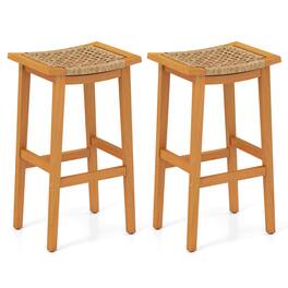 Gymax - Outdoor Acacia Wood Bar Stools Set of 2 w/ PE Rattan Seats & Backrests - Yellow