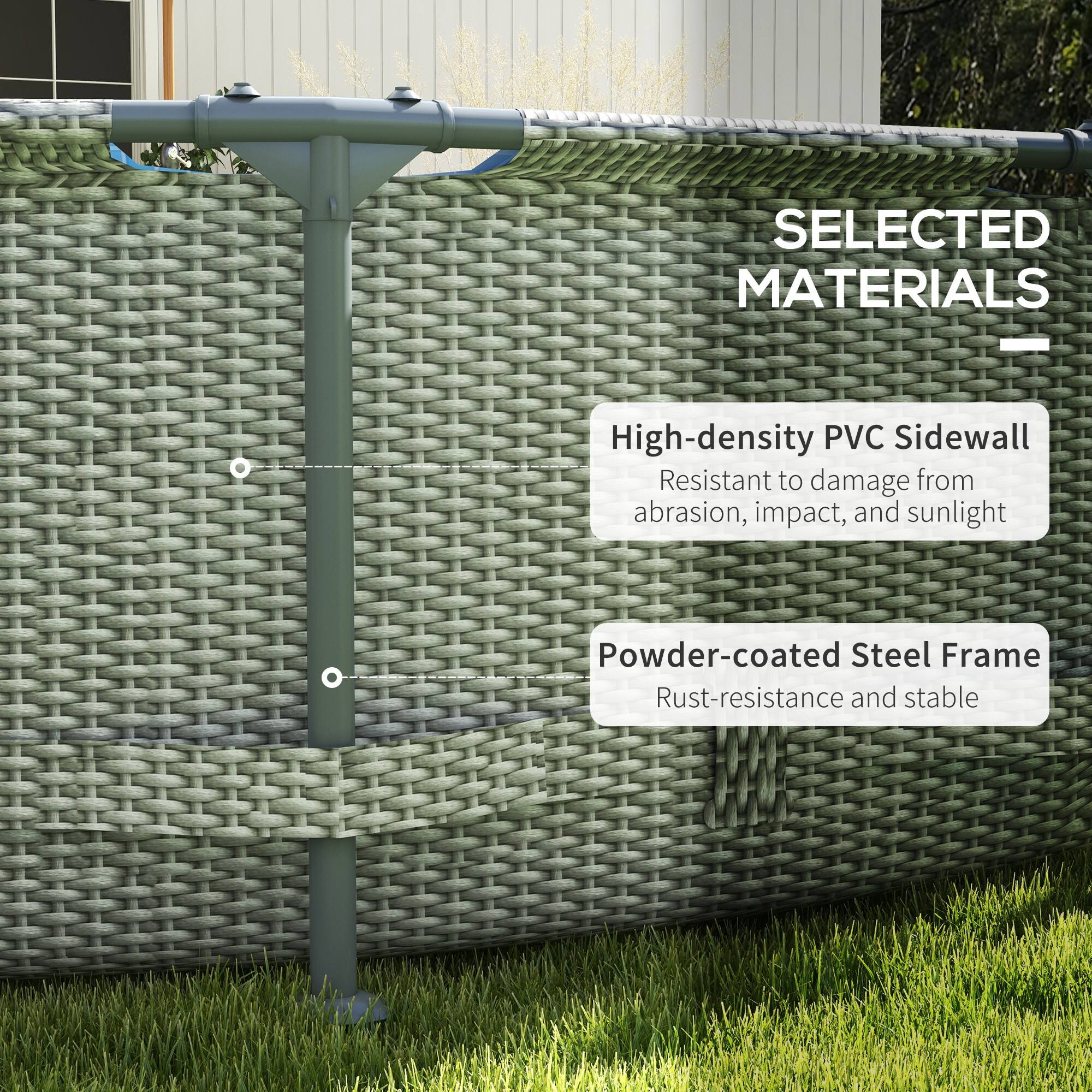 SELECTED MATERIALS

High-density PVC Sidewall  
Resistant to damage from abrasion, impact, and sunlight

Powder-coated Steel Frame  
Rust-resistance and stable