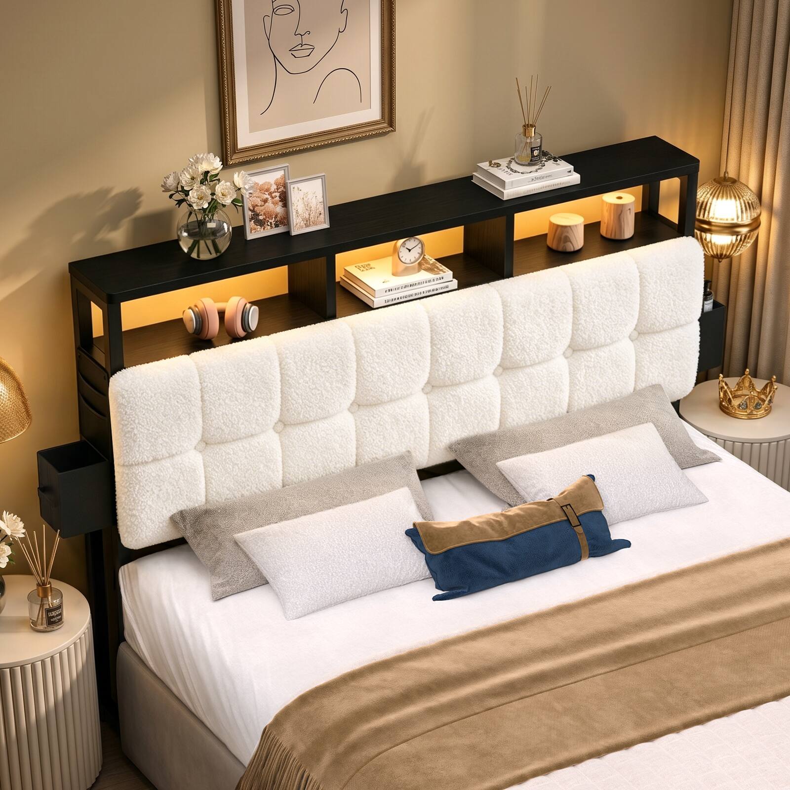 The image shows a cozy bedroom setting with a large, plush, white upholstered headboard. The bed is neatly made with white and gray pillows, and a blue and gold throw pillow. A brown throw blanket is draped at the foot of the bed. On the black floating shelf above the bed, there are decorative items including a vase with flowers, framed photos, books, a clock, and a diffuser with reed sticks. On the side tables, there are more decorative items like a lamp, a small vase with flowers, and a golden crown-shaped object. The room has a warm, inviting ambiance with soft lighting.