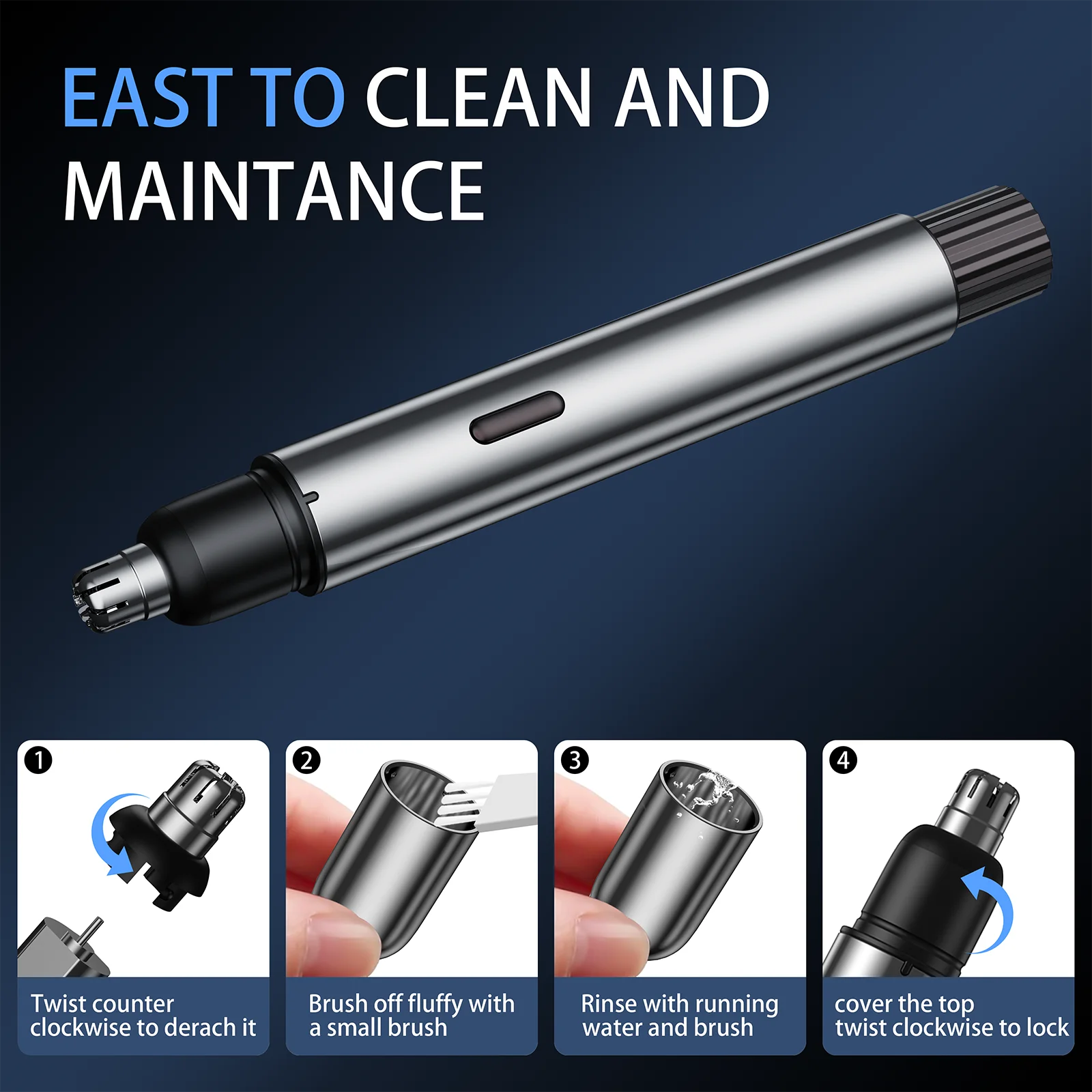 EAST TO CLEAN AND MAINTENANCE

1. Twist counter clockwise to detach it
2. Brush off fluffy with a small brush
3. Rinse with running water and brush
4. Cover the top twist clockwise to lock