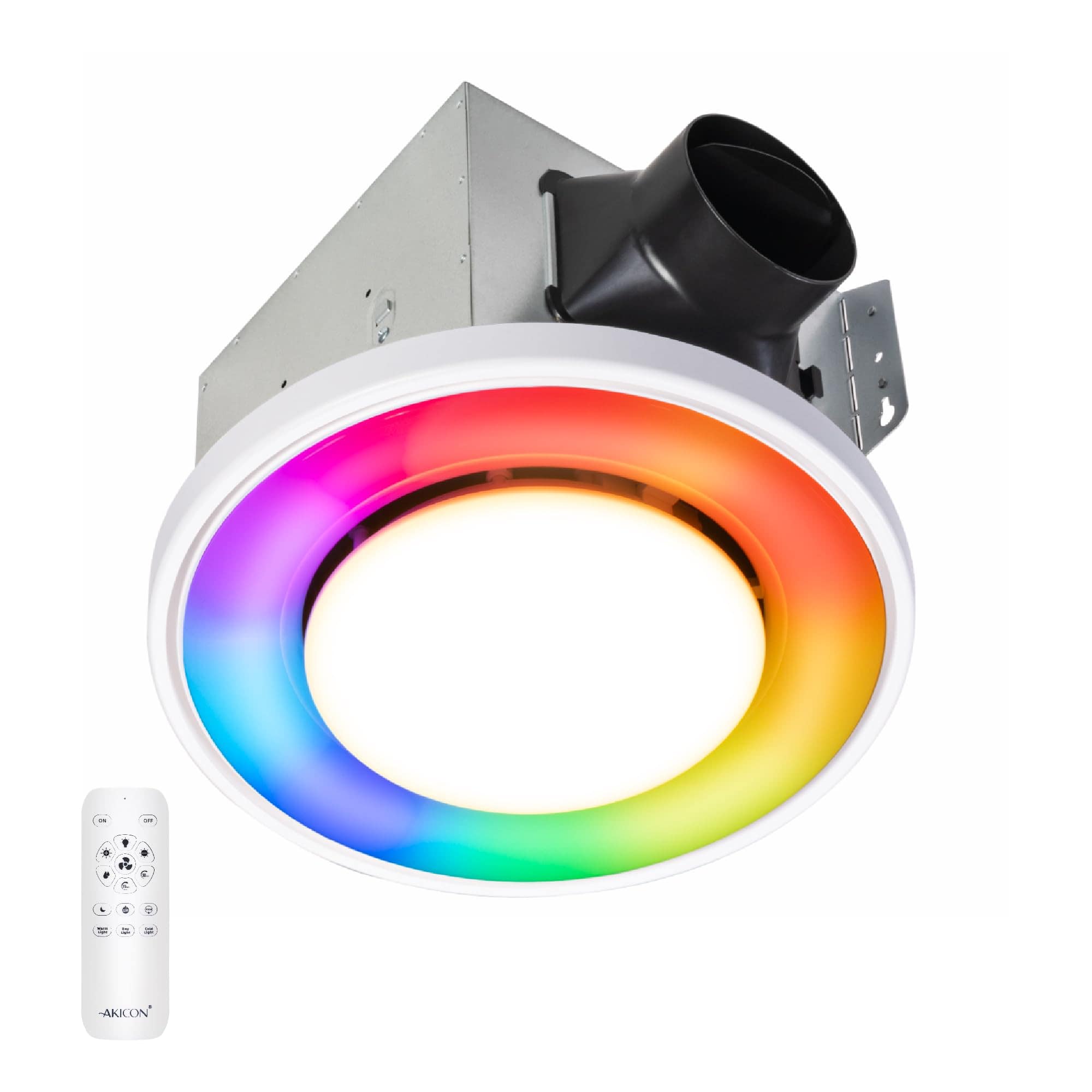 Akicon - RGB4 Decorative 110 CFM 1.5 Sone Ceiling Bathroom Exhaust Fan with Dimmable and RGB Light, Remote, Round - White