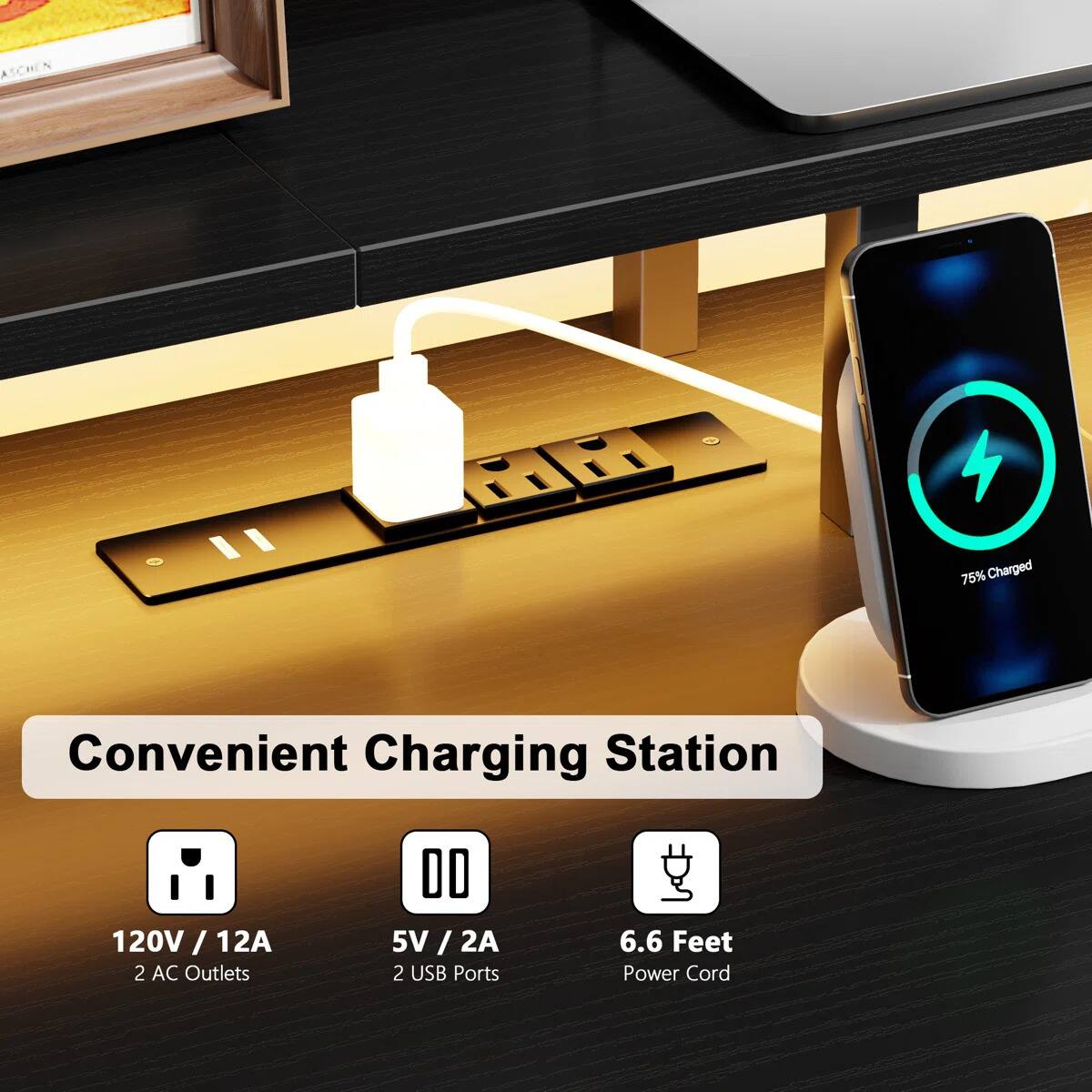 ASCHEN 75% Charged Convenient Charging Station  
120V / 12A / 12A  
2 AC Outlets  
5V / 2A  
2 USB Ports  
6.6 Feet Power Cord