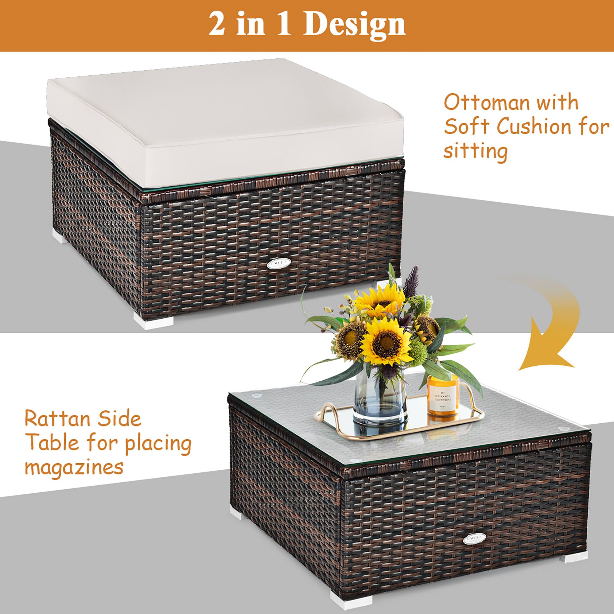 2 in 1 Design Ottoman with Soft Cushion for sitting - Rattan Side Table for placing magazines - ToE