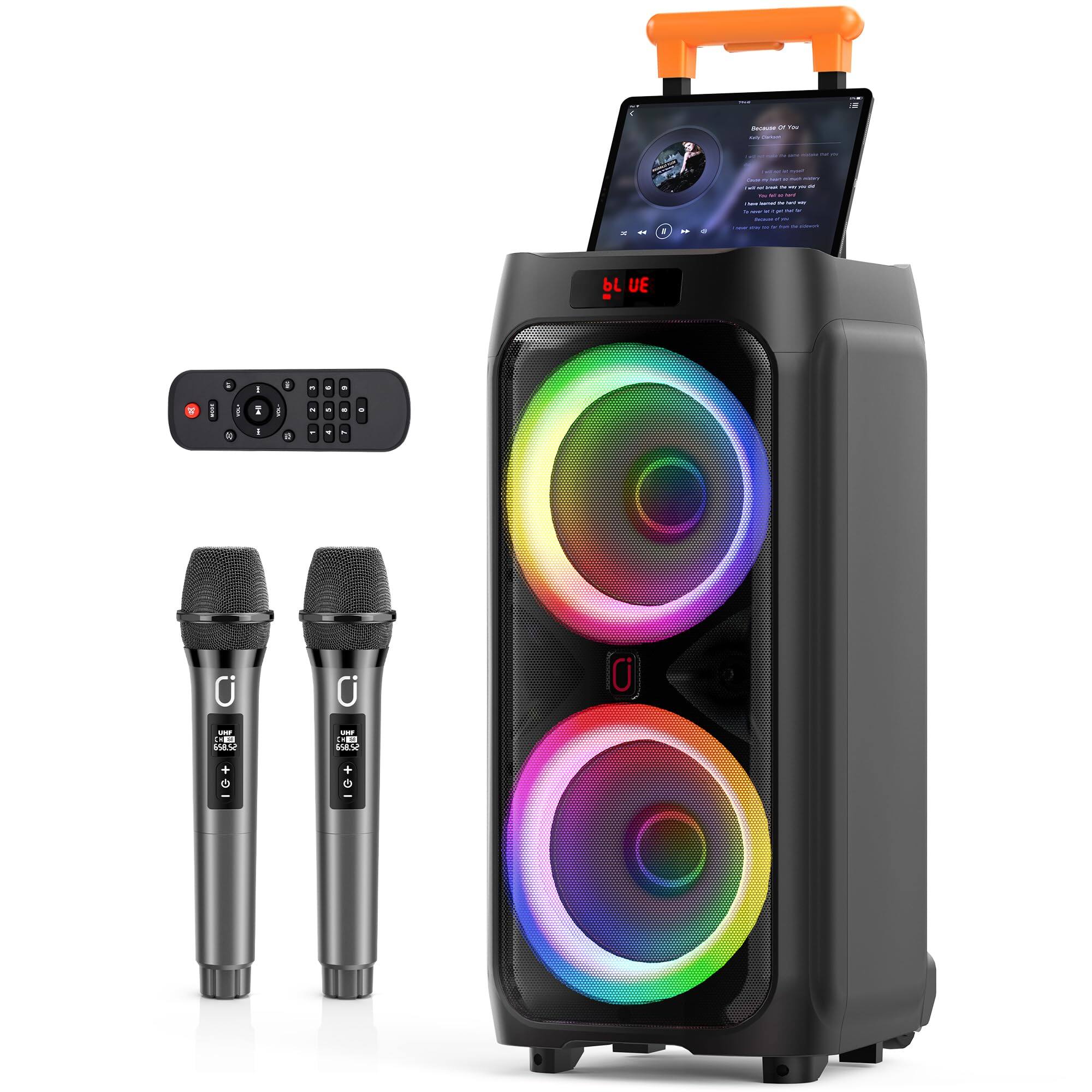 Front. GlowWise - 24-inch portable karaoke speaker with 2 wireless microphones, TWS Bluetooth, RGB lights, supports USB/AUX/TF. - Blank.