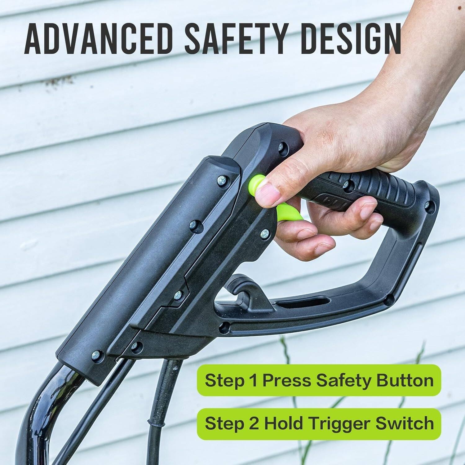 ADVANCED SAFETY DESIGN

Step 1: Press Safety Button  
Step 2: Hold Trigger Switch
