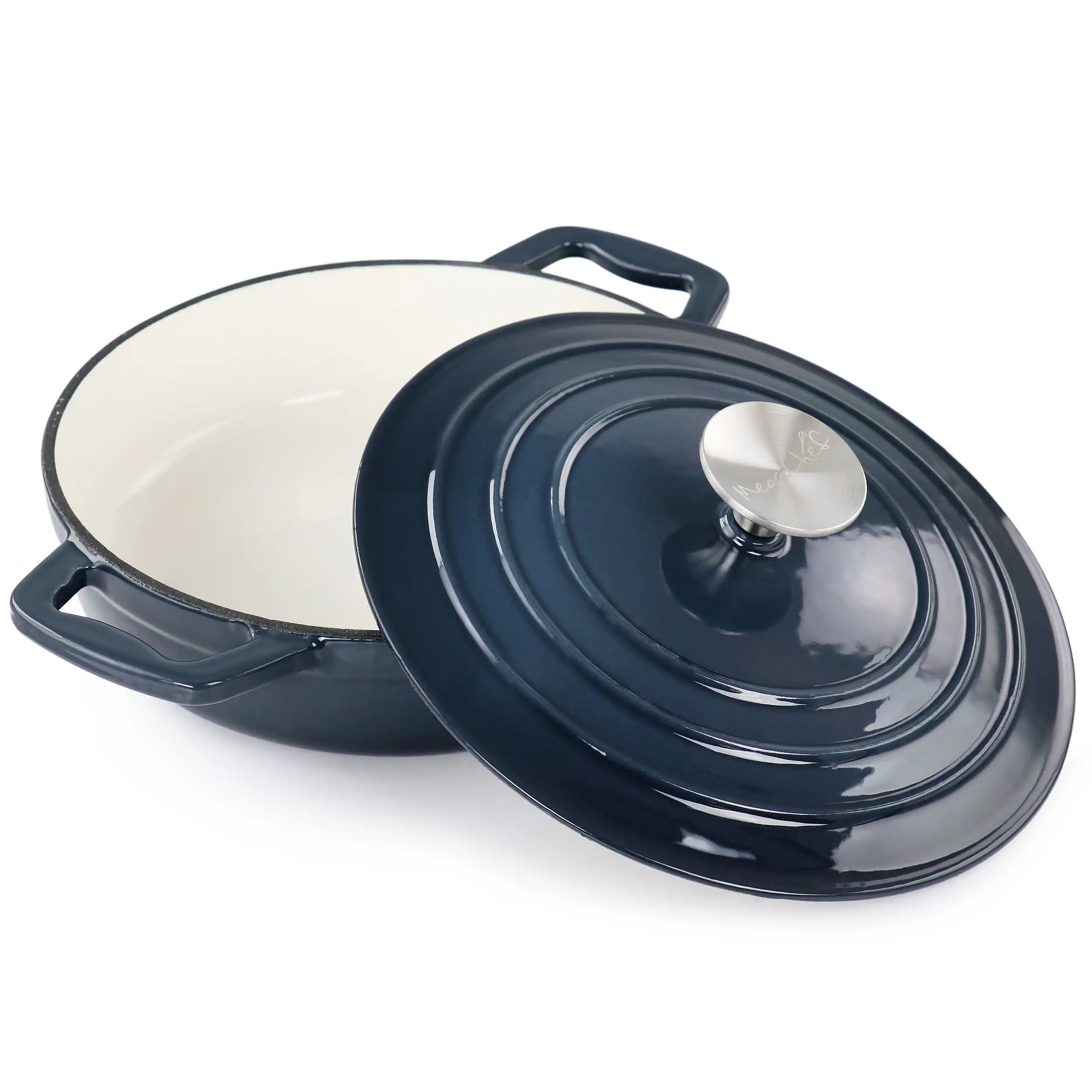 MegaChef - 2 Quart Round Enameled Cast Iron Braiser Pan - Dark Blue