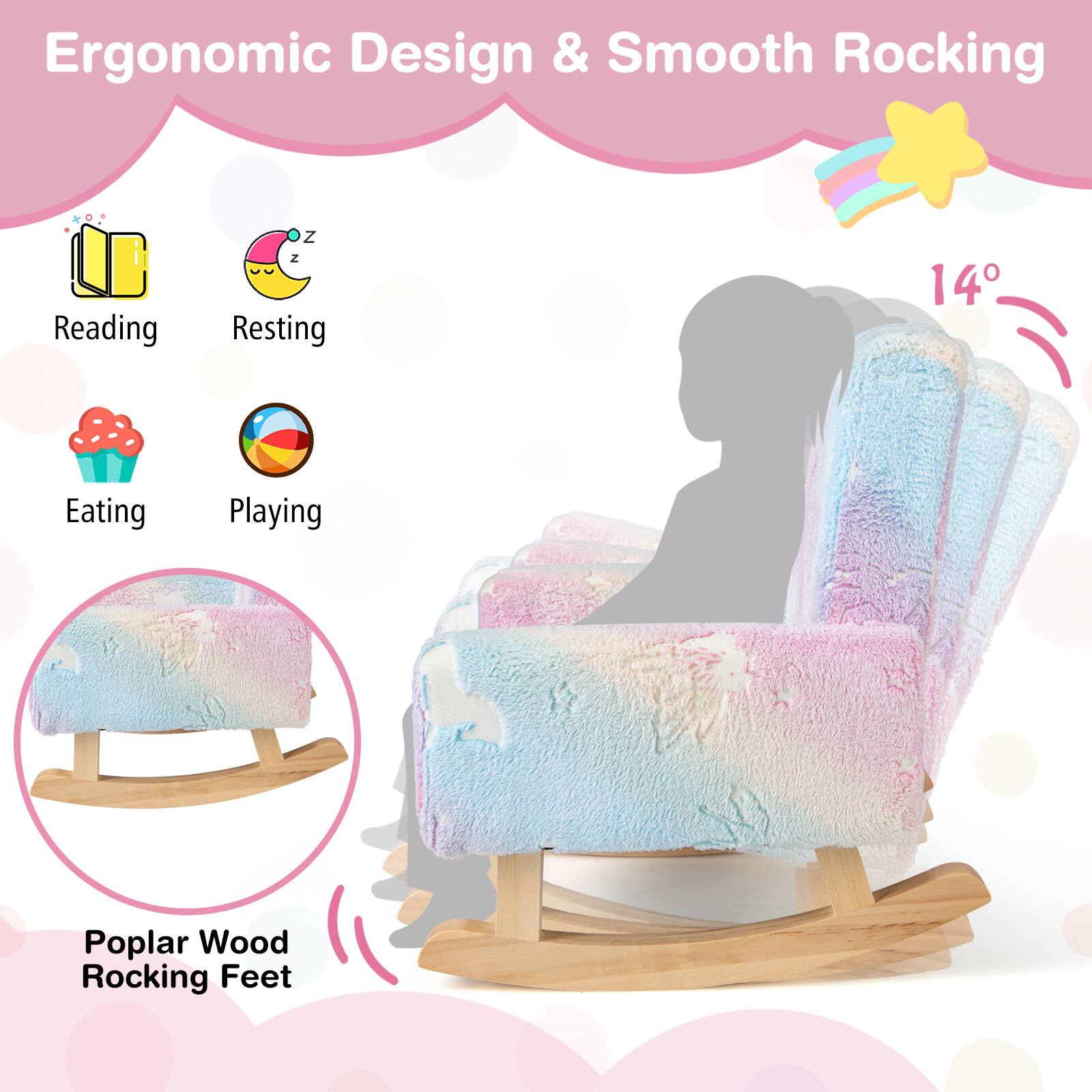 Ergonomic Design & Smooth Rocking

- Reading
- Resting
- Eating
- Playing

14°

Poplar Wood Rocking Feet