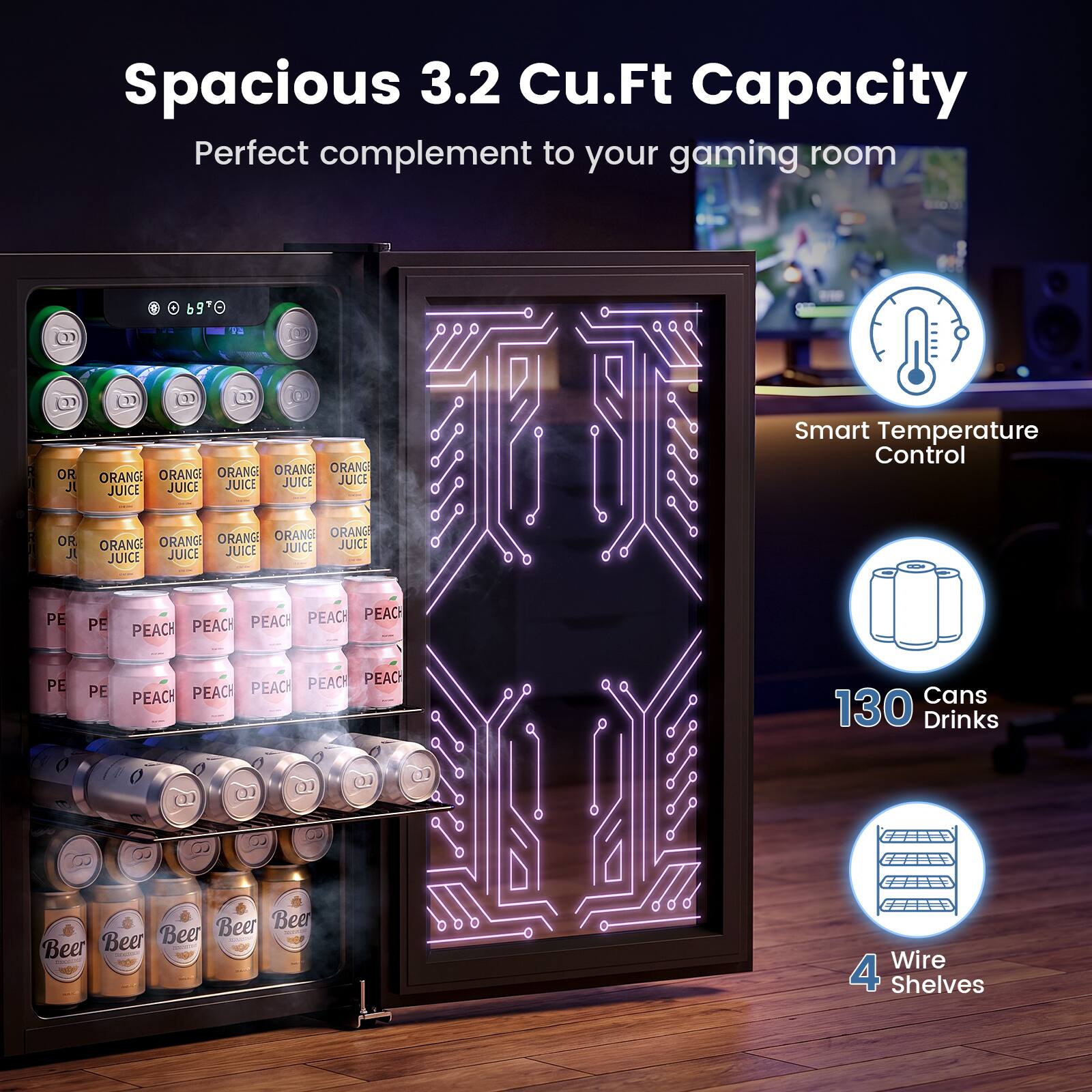 Electactic 17.5 in. 3.2 cu. ft. Gaming Mini Refrigerator LED Lighted ...