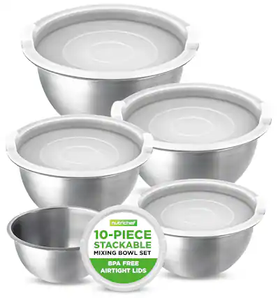 nutrichef 10-PIECE STACKABLE MIXING BOWL SET BPA FREE AIRTIGHT LIDS