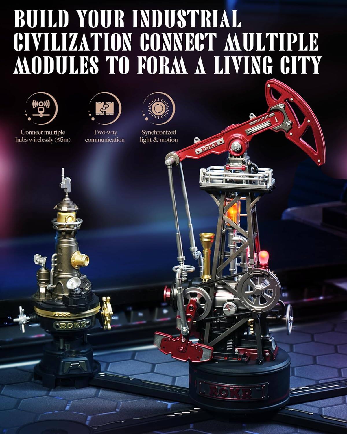 BUILD YOUR INDUSTRIAL CIVILIZATION  
CONNECT MULTIPLE MODULES TO FORM A LIVING CITY

- Connect multiple hubs wirelessly (≤5m)
- Two-way communication
- Synchronized light & motion