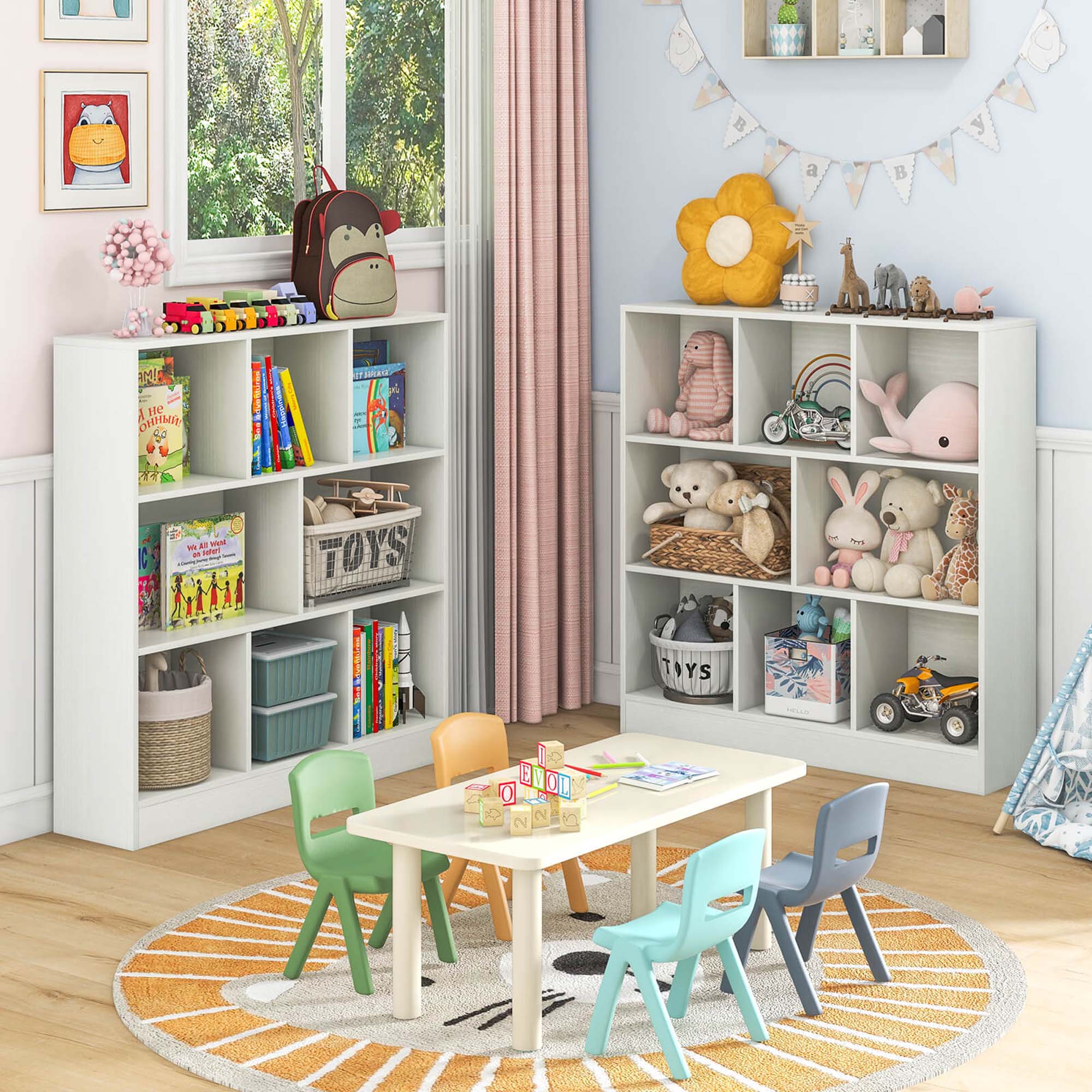 The image features a playroom with a table and chairs, surrounded by shelves filled with toys and books. The shelves are organized with various toys, including teddy bears, and books of different sizes. The room also has a window, providing natural light to the space. The playroom is designed to be a comfortable and engaging environment for children to play and learn.