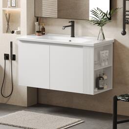 Loheer - 3 ft Wall Mounted Bathroom Vanity with Ceramic Sink, Soft Close Doors and Side Shelves - White