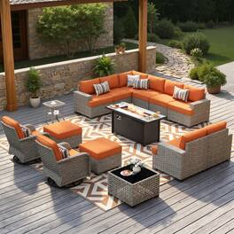 Ovios - 15 PCS Patio Furniture Set, Sectional Sofa with 54" Fire Pit Table, Swivel Chairs and Ottoman - Orange Red