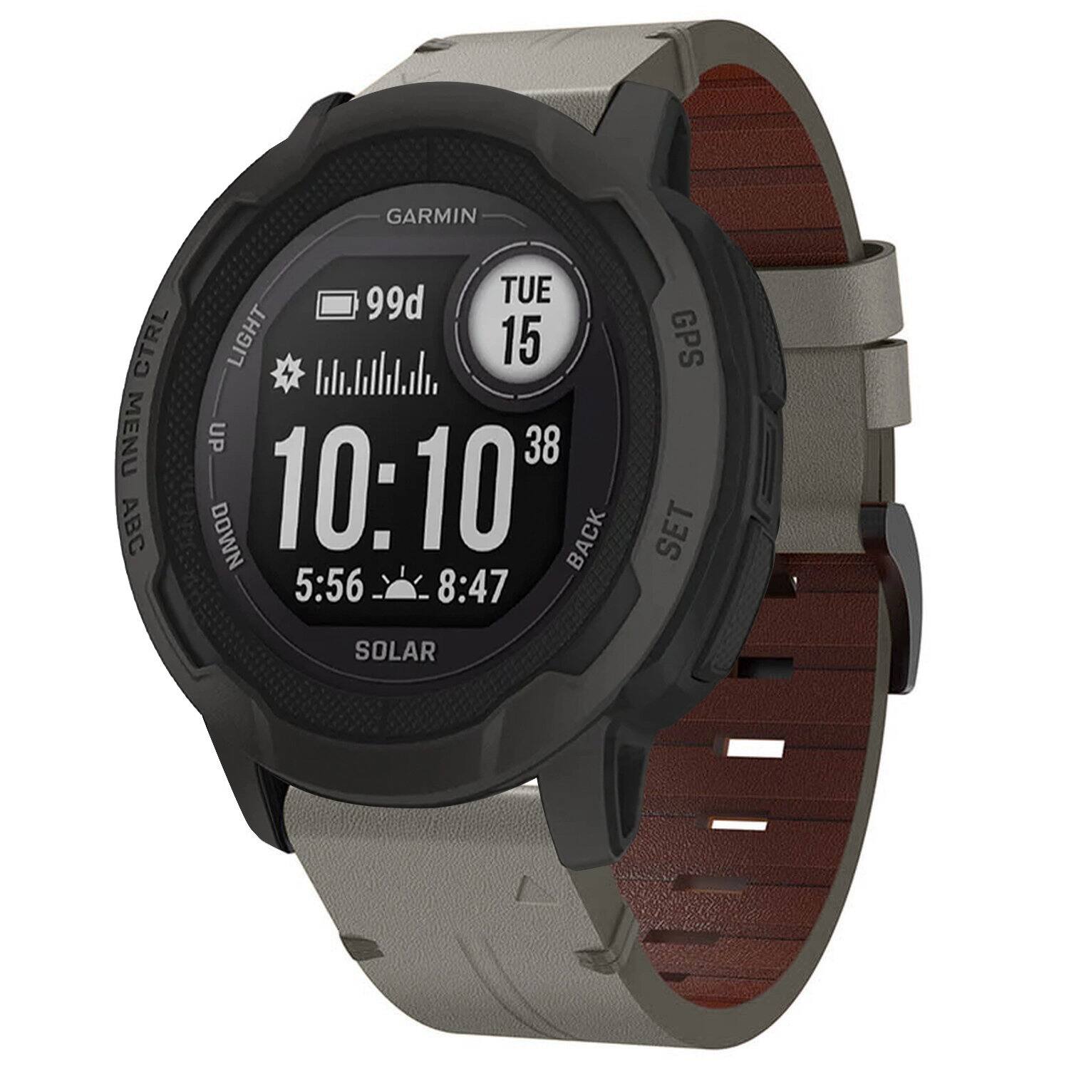 GARMIN CTRL MENU ABC 99d TUE 15 LIGHT 10:10" BACK 5:56 8:47 GPS SET SOLAR