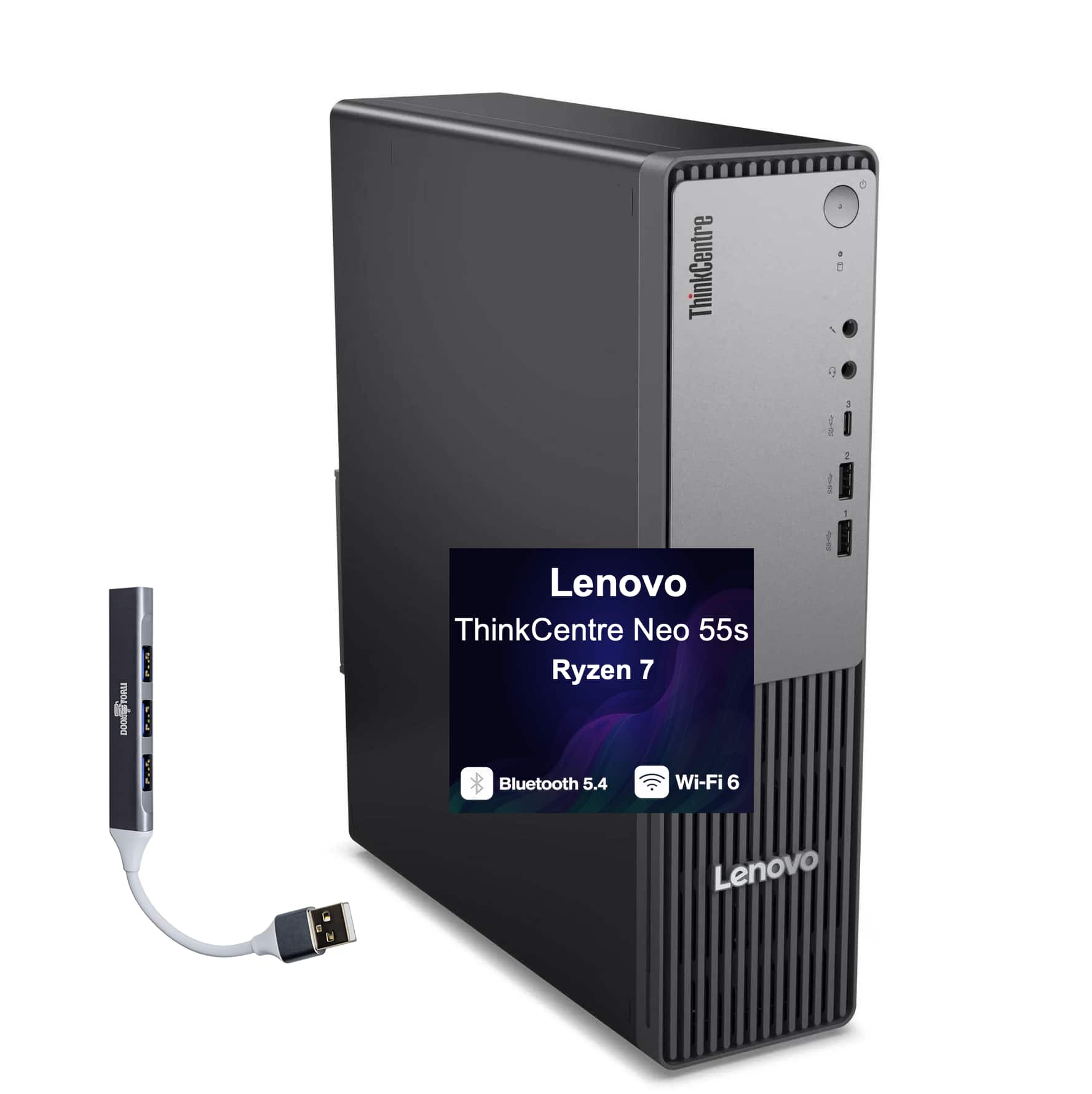 Lenovo - ThinkCentre Neo 55s Mini Desktop (Ryzen 7 250, 64GB, 2TB SSD, AMD Radeon 780M, WiFi 6, Win 11 Pro) w/USB Hub - Black