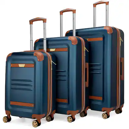 Front. 19v69 ITALIA - 19V69 ITALIA Vintage 3 Piece Expandable Retro Spinner Luggage Set - Blue - Navy.
