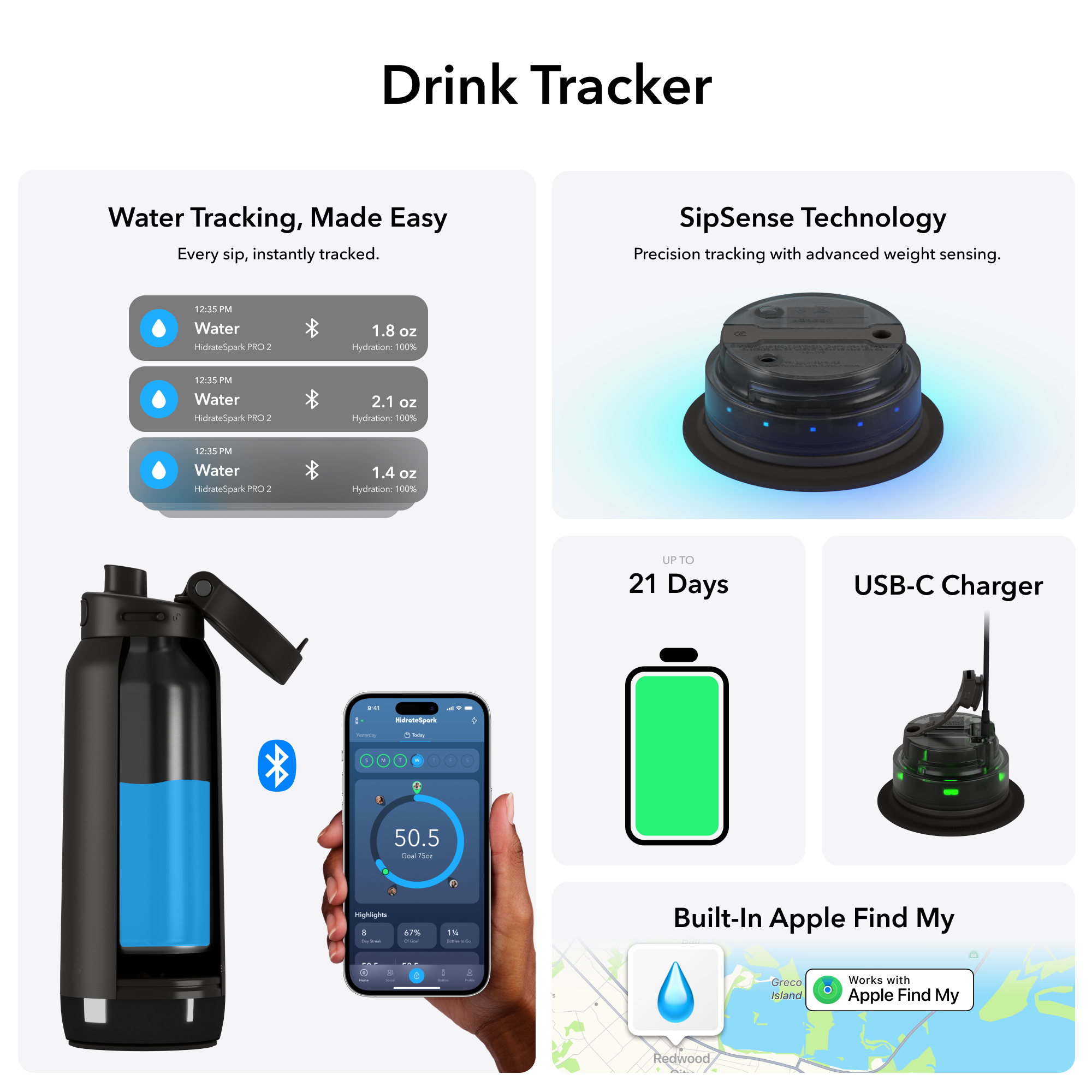 **Water Tracking, Made Easy**

Every sip, instantly tracked.

- 12:35 PM Water 1.8 oz Hydration 100%
- 12:35 PM Water 2.1 oz Hydration 100%
- 12:35 PM Water 1.4 oz Hydration 100%

**SipSense Technology**

Precision tracking with advanced weight sensing.

**UPTO 21 Days**

**USB-C Charger**

**Built-In Apple Find My**

Works with Apple Find My

- Greco Island
- Redwood