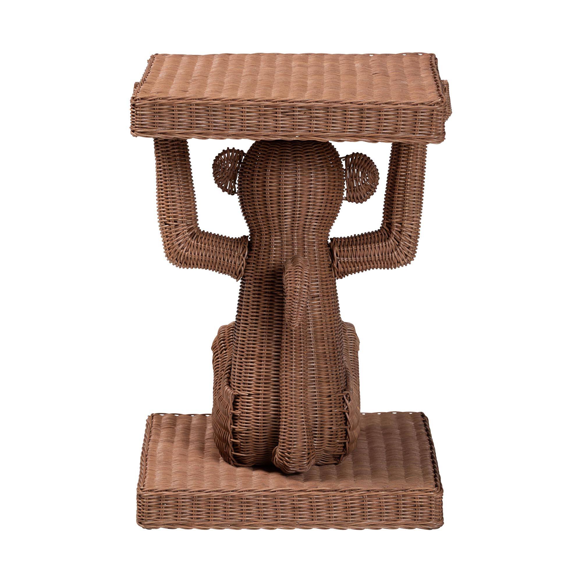 Back. bali & pari - Miyoco Monkey End Table - Handwoven Rattan Sculptural Accent Side Table with Platform Base - Light Brown.