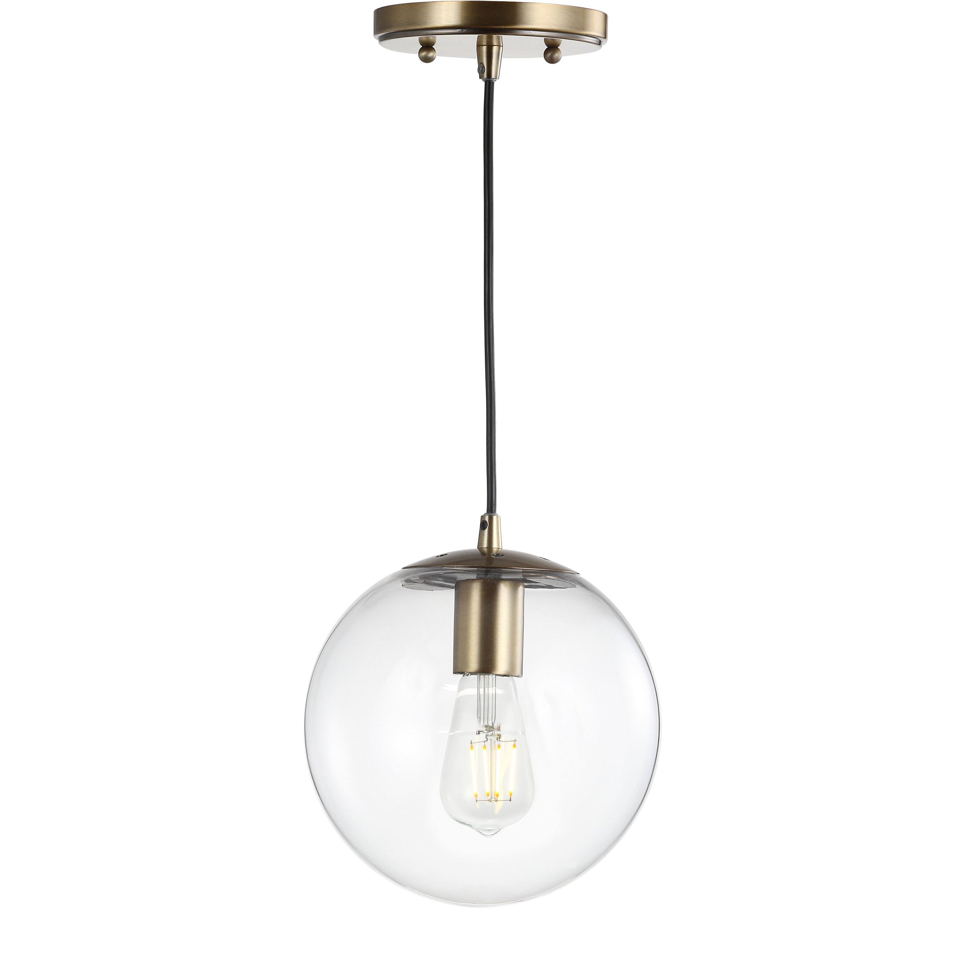 Front. Jonathan Y - Bleecker 7.75" Metal/Glass Globe LED Pendant, Clear/Brass - Clear/Brass Gold.
