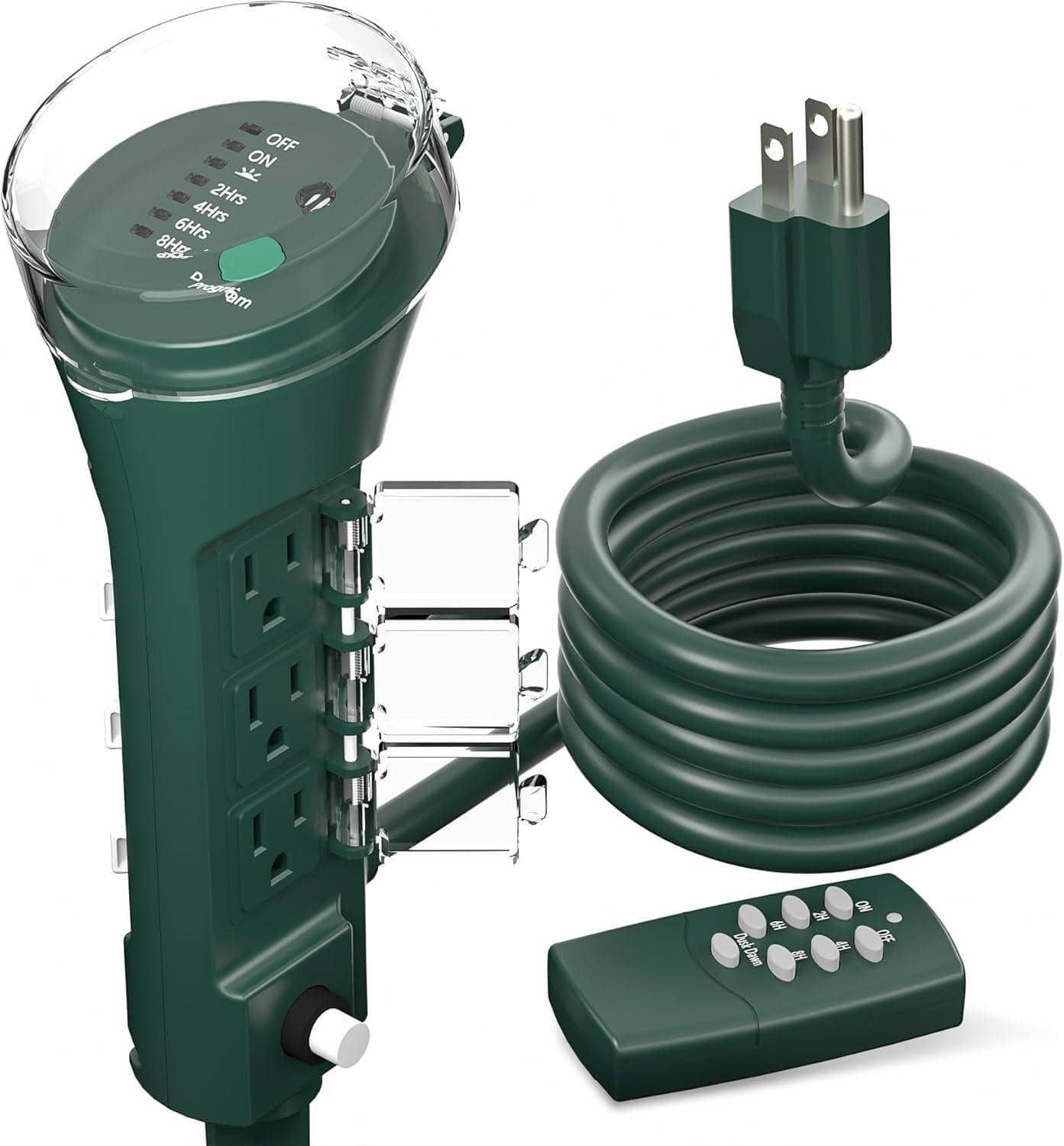 BN-LINK - Outdoor Power Stake Timer, 100FT Wireless Remote, Dusk to Dawn Sensor, 6 Grounded Outlets, 6ft Cord, ETL - Green