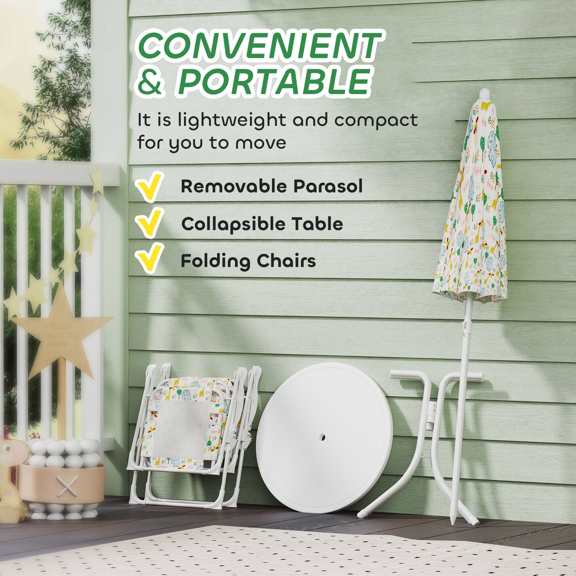 CONVENIENT & PORTABLE  
It is lightweight and compact for you to move  

- Removable Parasol  
- Collapsible Table  
- Folding Chairs  

Photos and Comments - X