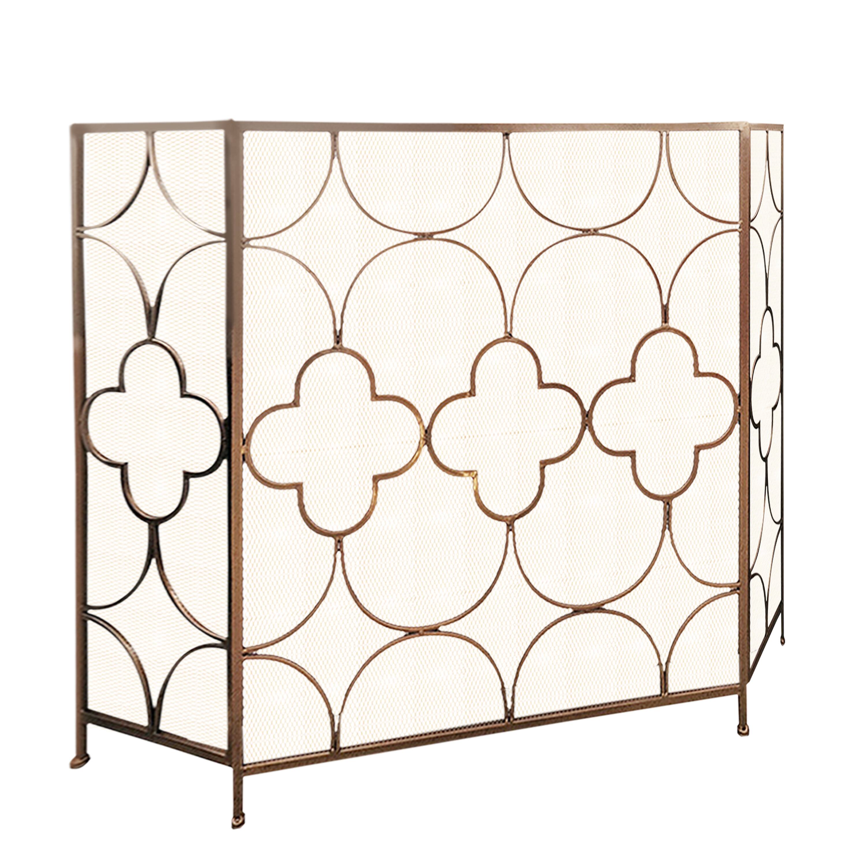 Alt View 1. Manhattan Lane - 50 Inch 3 Panel Metal Fireplace Screen, Quatrefoil Design - Bronze.