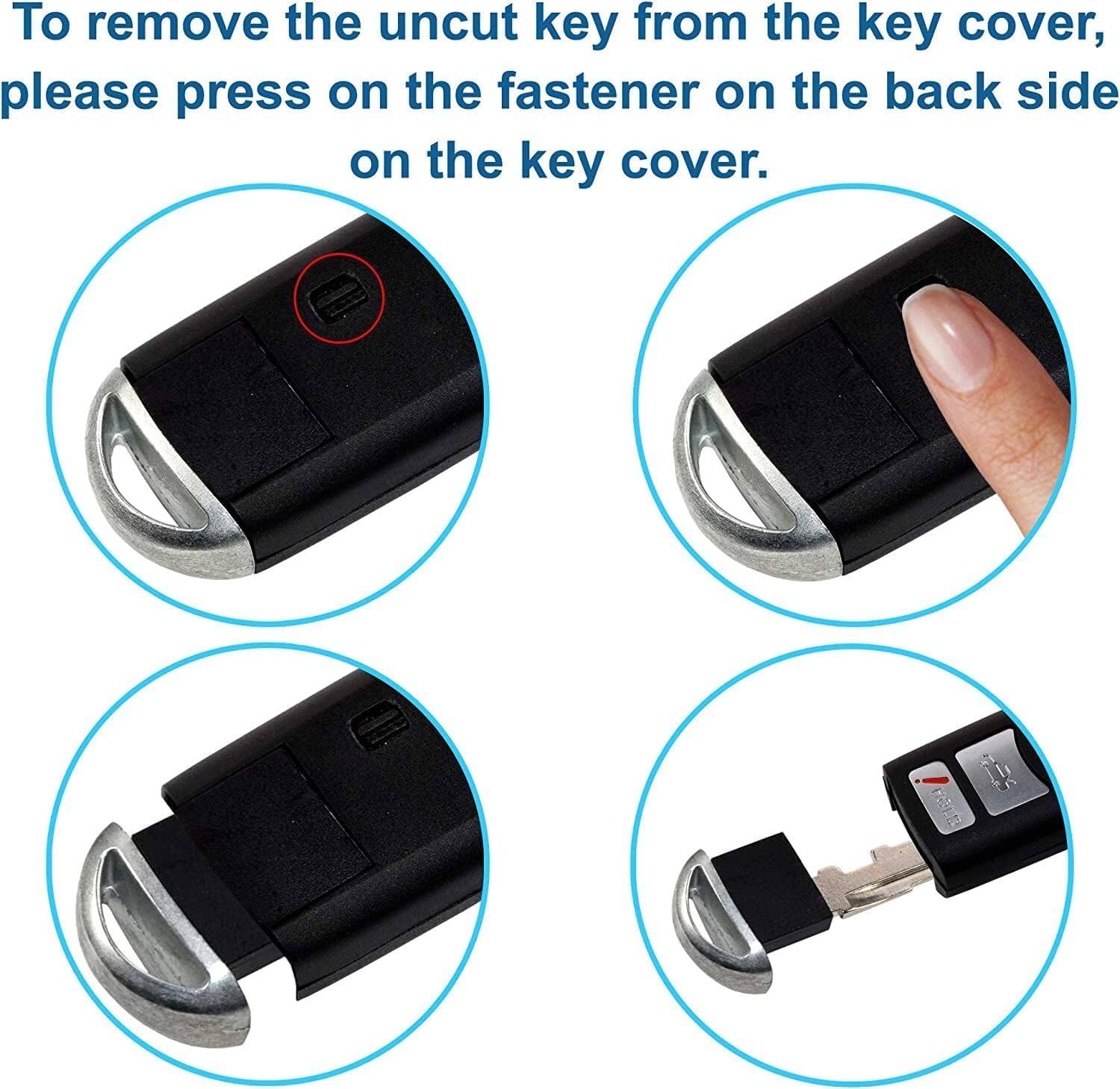 To remove the uncut key from the key cover, please press on the fastener on the back side on the key cover.