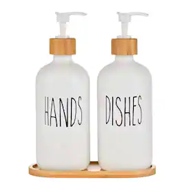 Kitcheniva - Glass Soap Dispenser Set with Bamboo Tray - For Bathroom and Kitchen, White