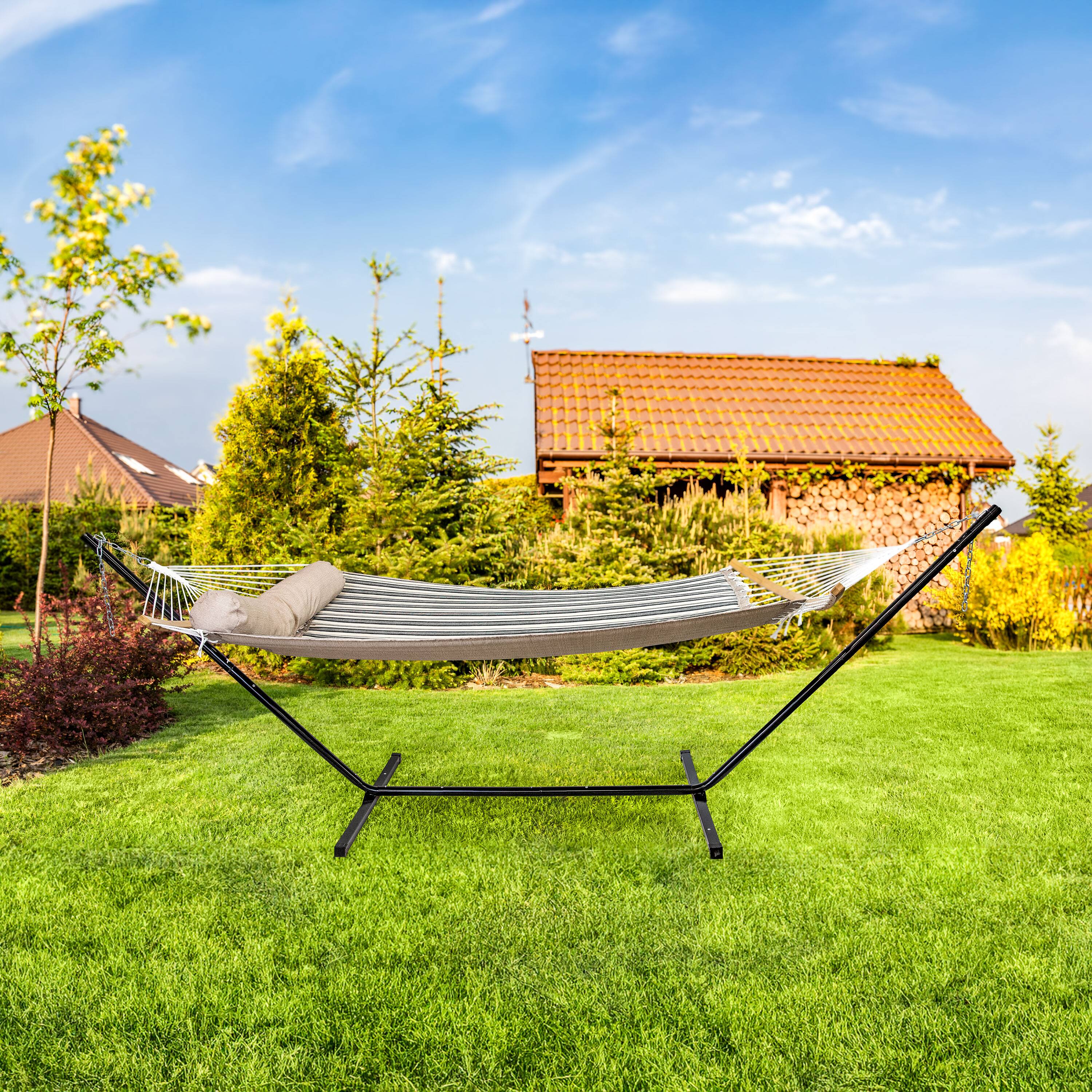 Alt View 8. Sunnydaze - Quilted Hammock with Curved Spreader Bar - Neutral Stripe.