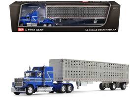 First Gear - Ford LTL 9000 60 Aerodyne Sleeper with Wilson PSAL Stockmaster Livestock Trailer with Stripes 1/64 - Blue