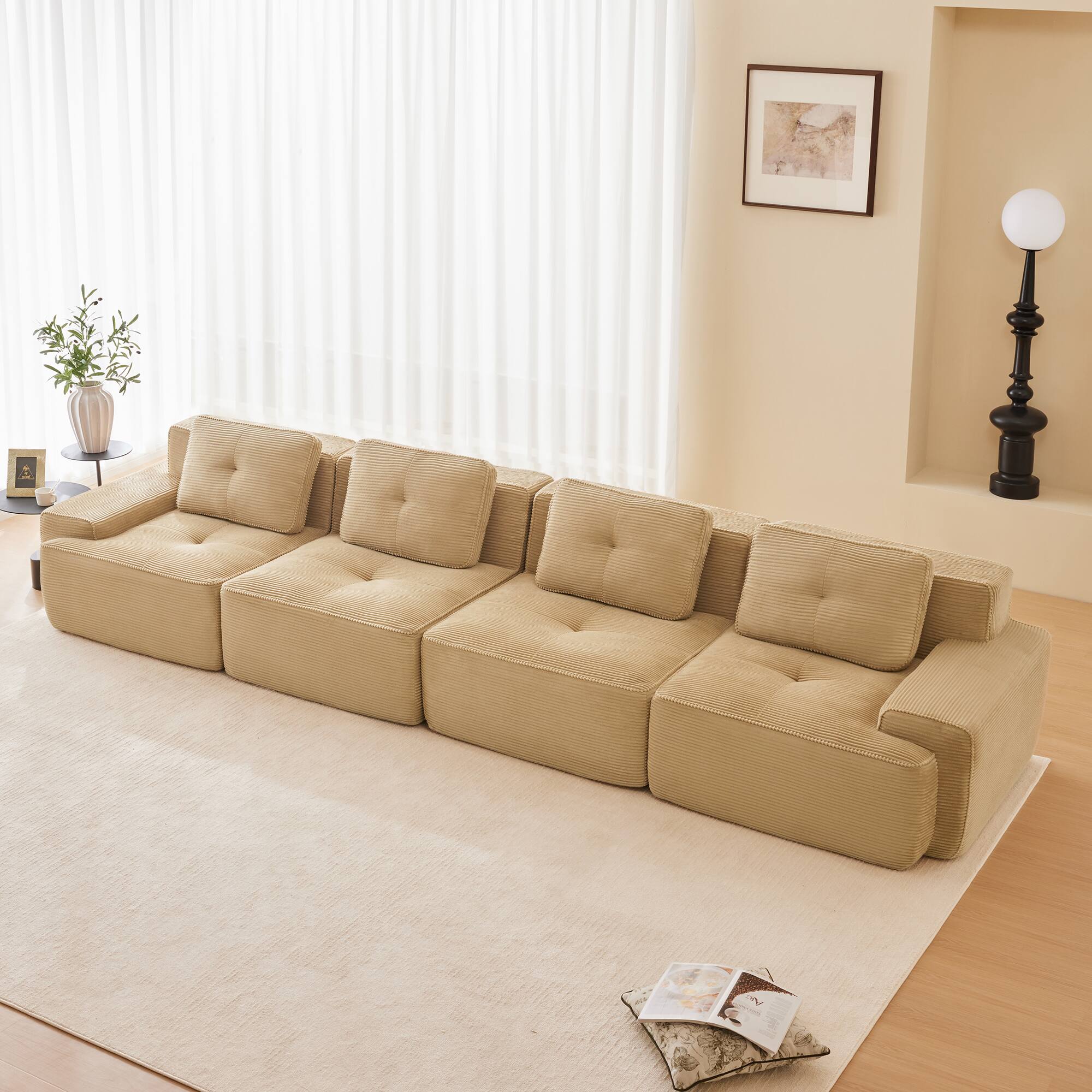 Left. LOVMOR - 153 inch Modular Deep Seat No Assembly 4 Seater Corduroy Sectional Couch Compressed Pack Anti Slip Tufted Soft - Camel.