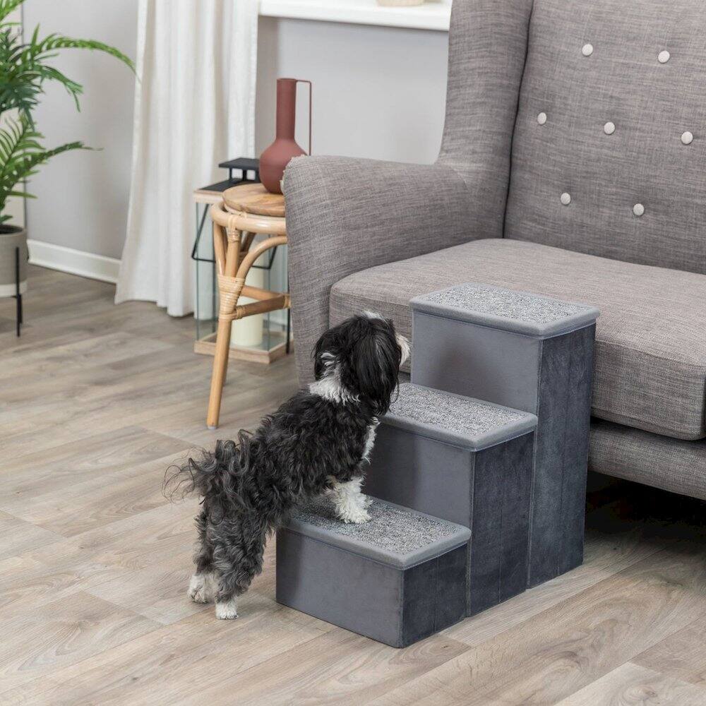 Left. TRIXIE - 3-Step Foldable Velour Pet Stairs with Storage, Gray - Gray.