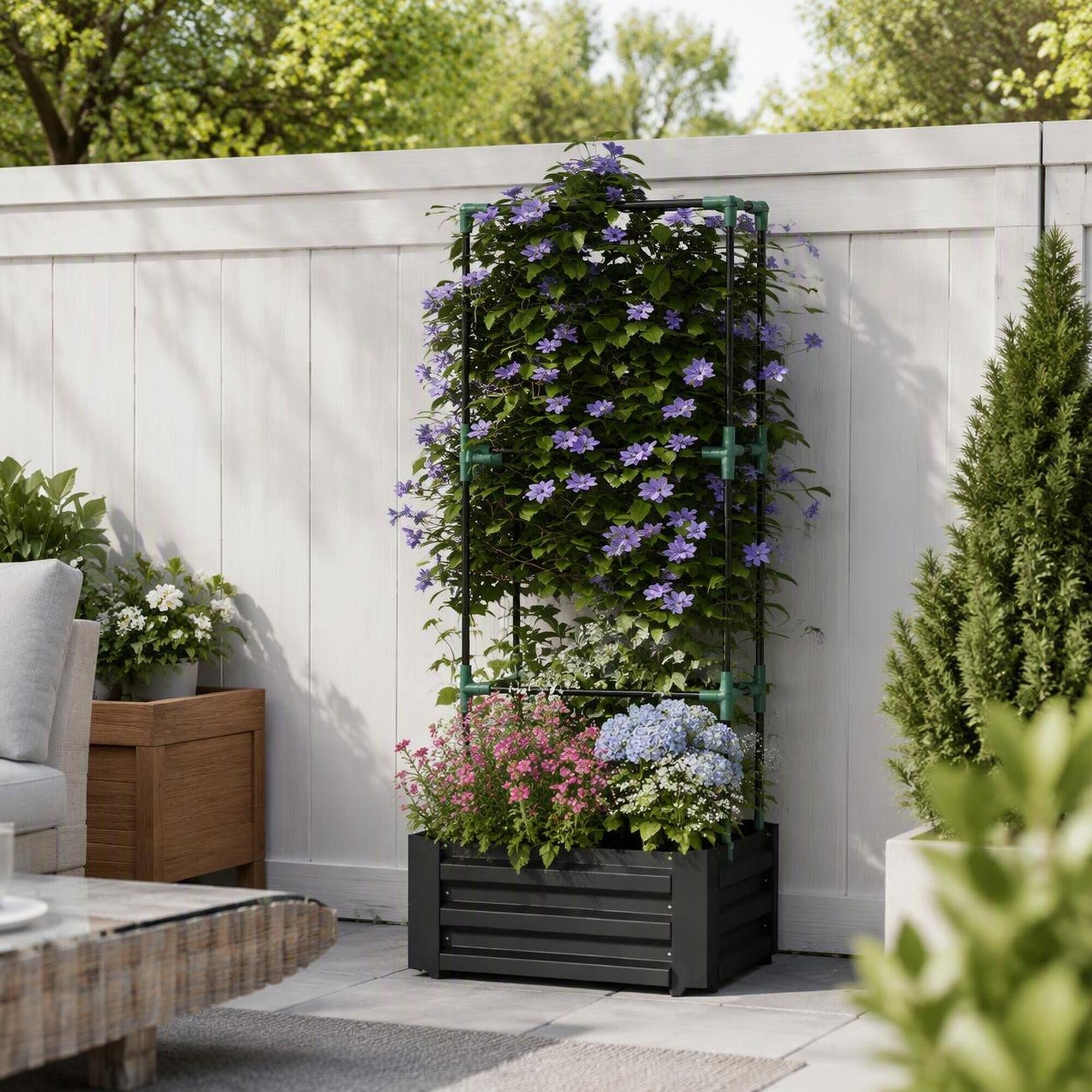Back. RYHNUYNE - Galvanized Steel Raised Garden Bed with Tomato Trellis Cage, Dark Gray Planter Box for Vegetables and Climbing - Dark Gray.