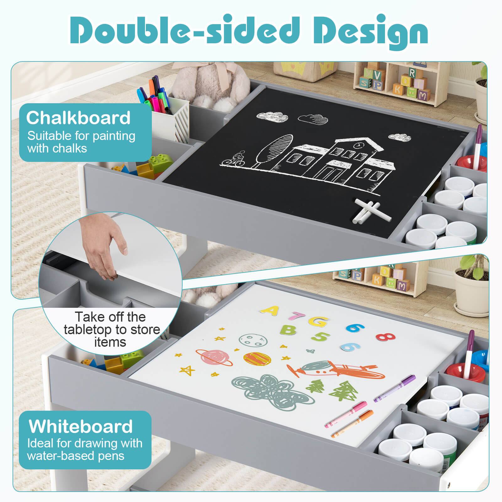 Double-sided Design

Chalkboard
Suitable for painting with chalks

Take off the tabletop to store items

Whiteboard
Ideal for drawing with water-based pens