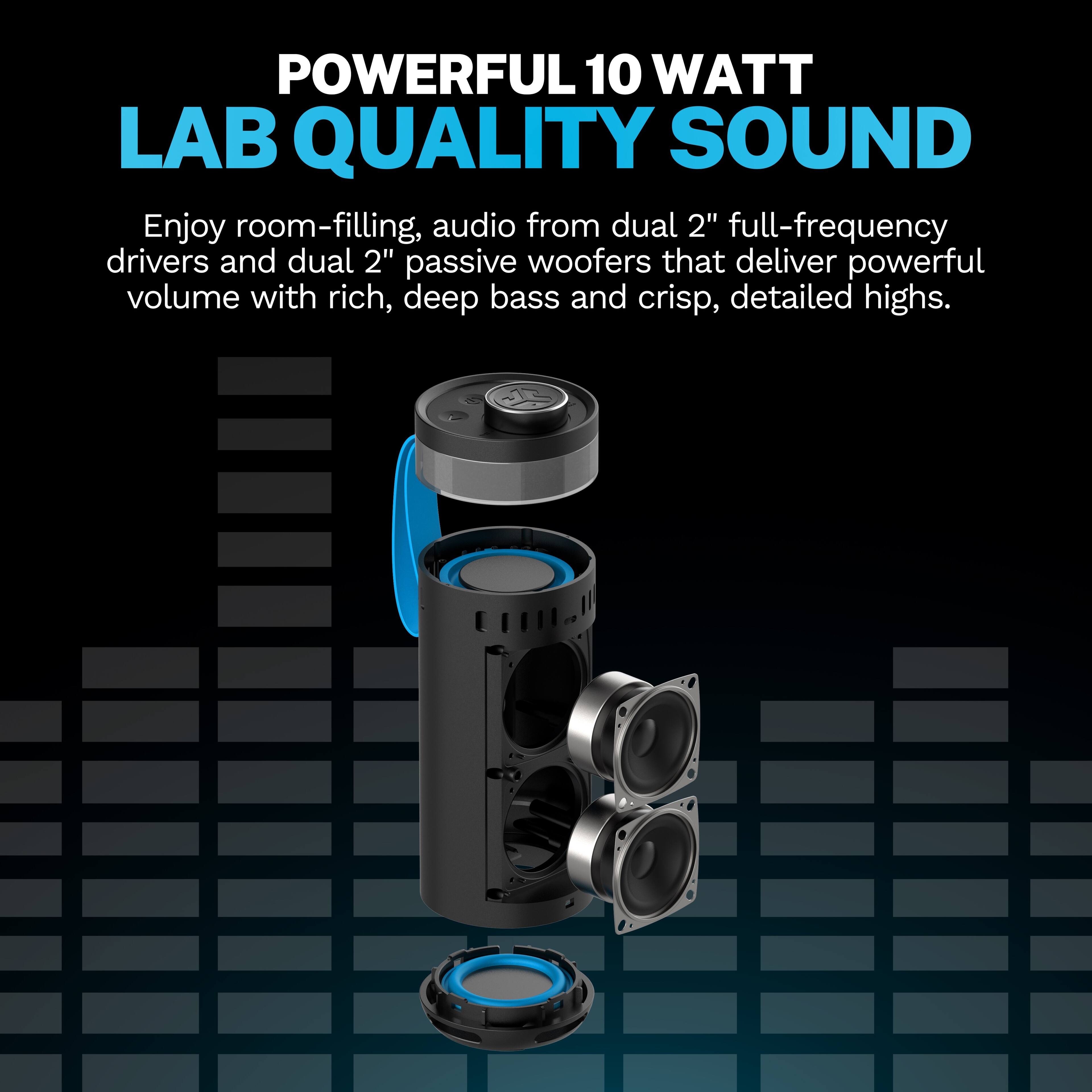 POWERFUL 10 WATT LAB QUALITY SOUND

Enjoy room-filling, audio from dual 2" full-frequency drivers and dual 2" passive woofers that deliver powerful volume with rich, deep bass and crisp, detailed highs.