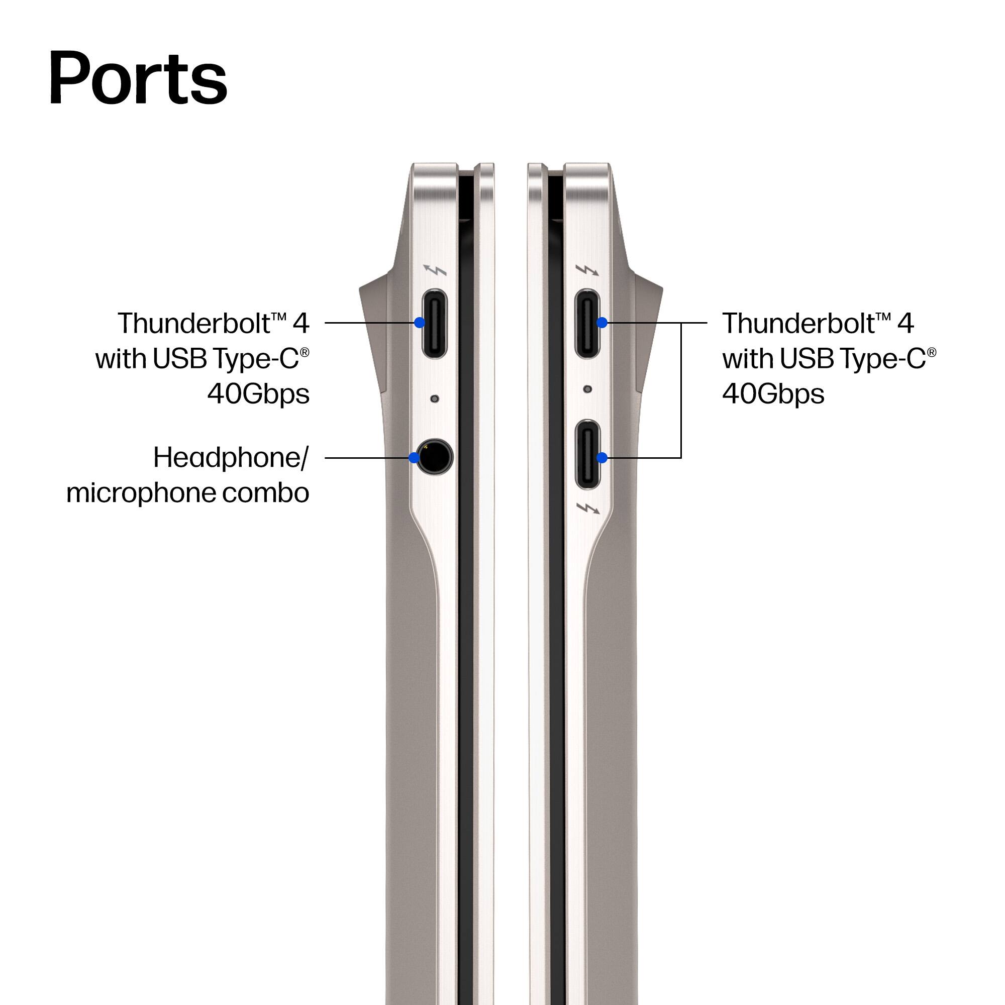 Ports

- Thunderbolt™ 4 with USB Type-C® 40Gbps
- Thunderbolt™ 4 with USB Type-C® 40Gbps
- Headphone/ microphone combo