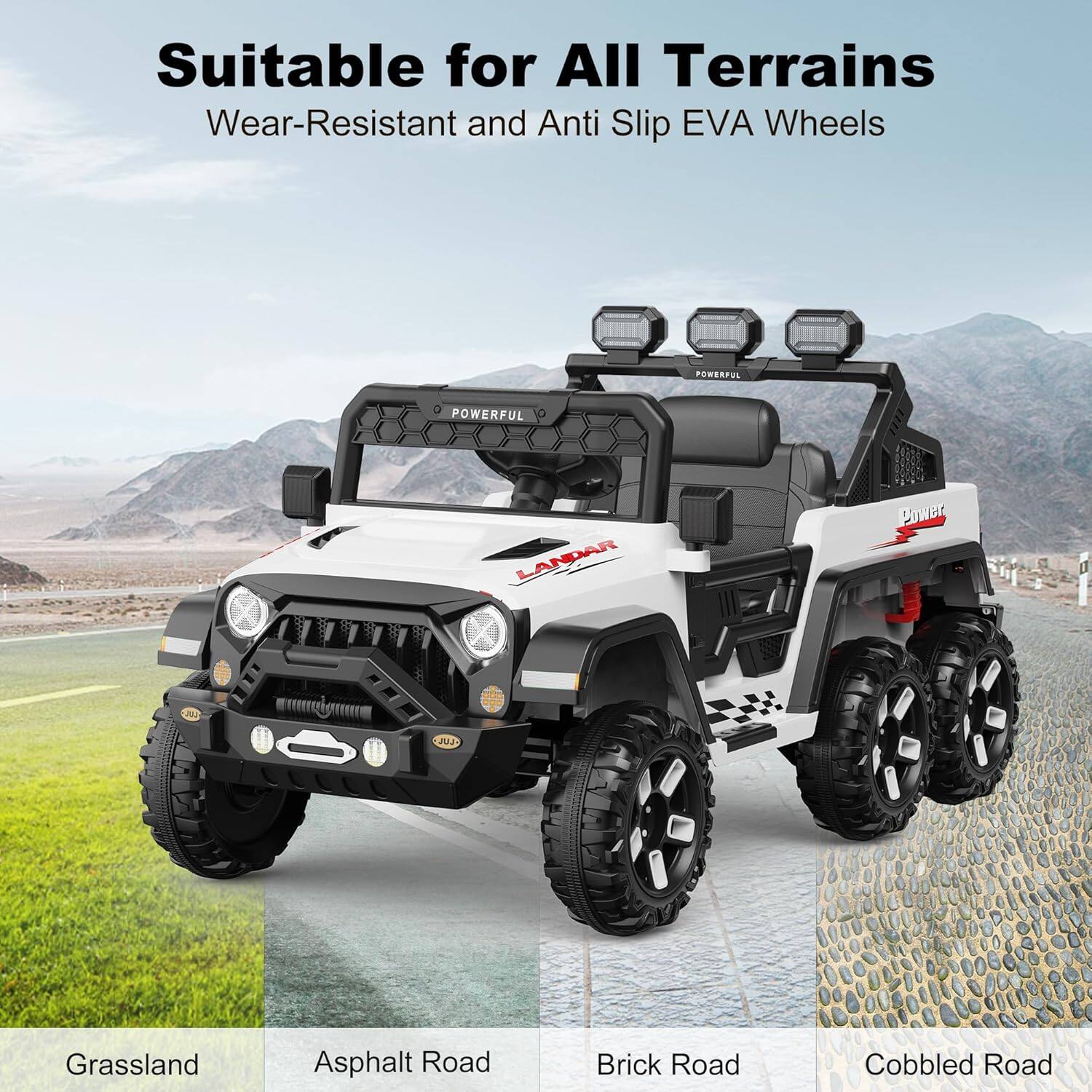 Suitable for All Terrains  
Wear-Resistant and Anti Slip EVA Wheels  

POWERFUL LANDAR Power 201  

Grassland  
Asphalt Road  
Brick Road  
Cobbled Road