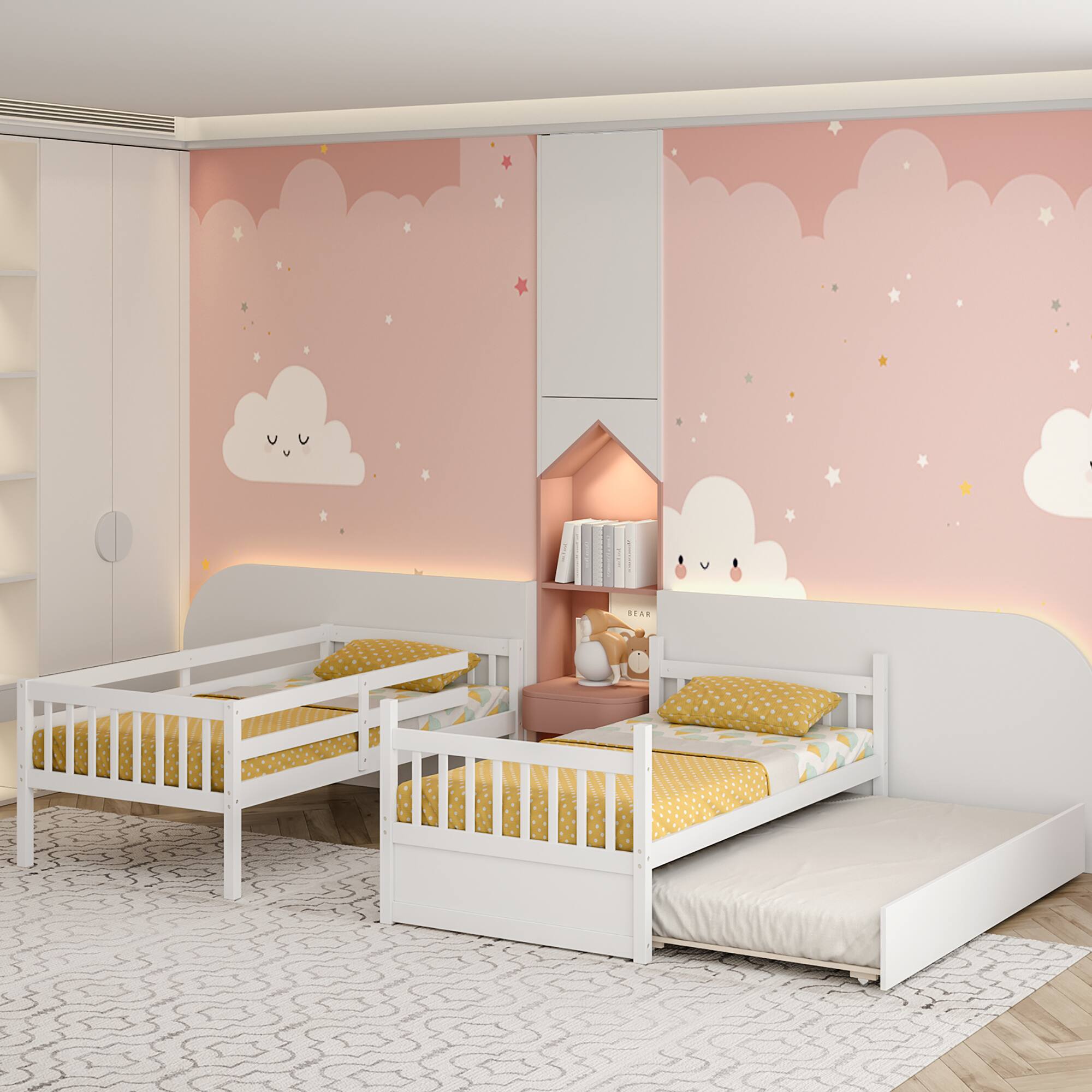 Alt View 4. Costway - Costway Twin Over Twin Bunk Bed with Twin Trundle Solid Wood Frame - White.