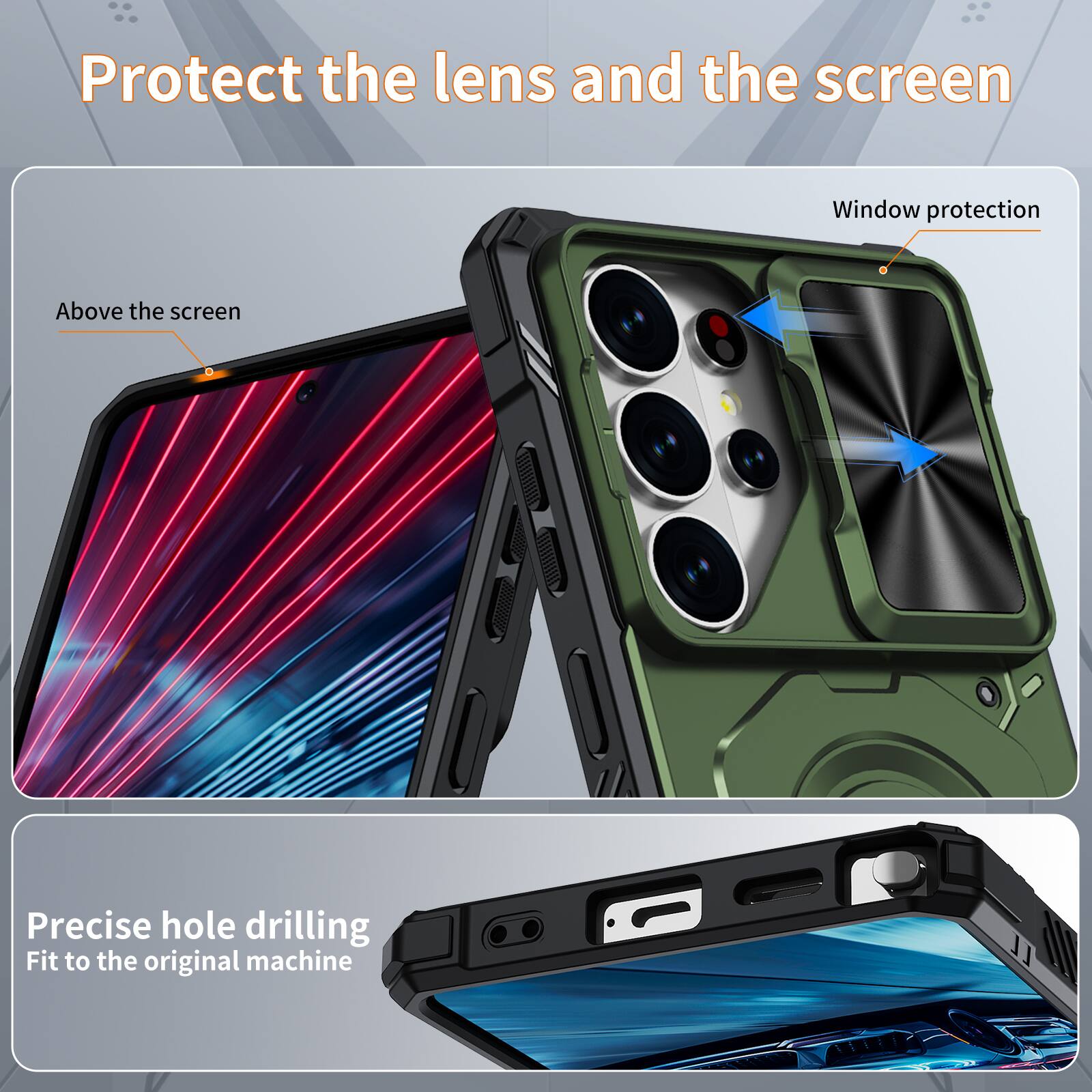Protect the lens and the screen

Window protection

Above the screen

Precise hole drilling

Fit to the original machine