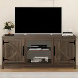 Ihomeadore - 58" Farmhouse TV Stand with Open Storage Shelves and Cabinets for TV up to 65" - Brown
