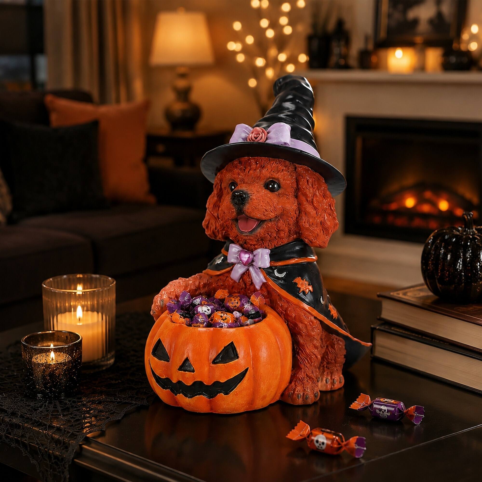 Left. RYHNUYNE - Cute Brown Teddy Dog Witch Figurine Holding Pumpkin Candy Bowl for Halloween Tabletop Decor - Black.