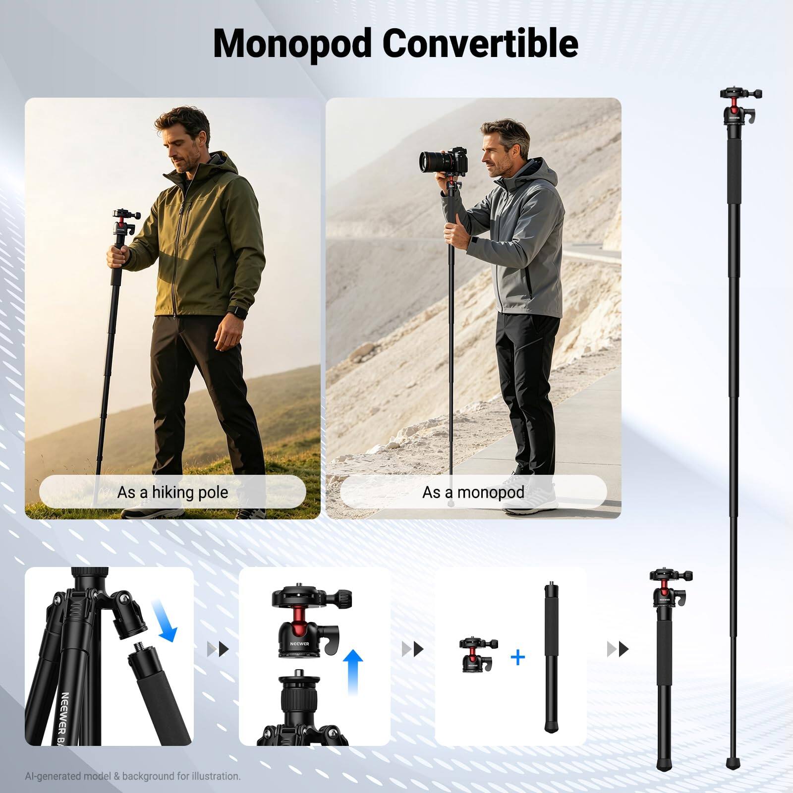 Monopod Convertible

As a hiking pole

As a monopod

BA NEEWER Al-generated model & background for illustration.