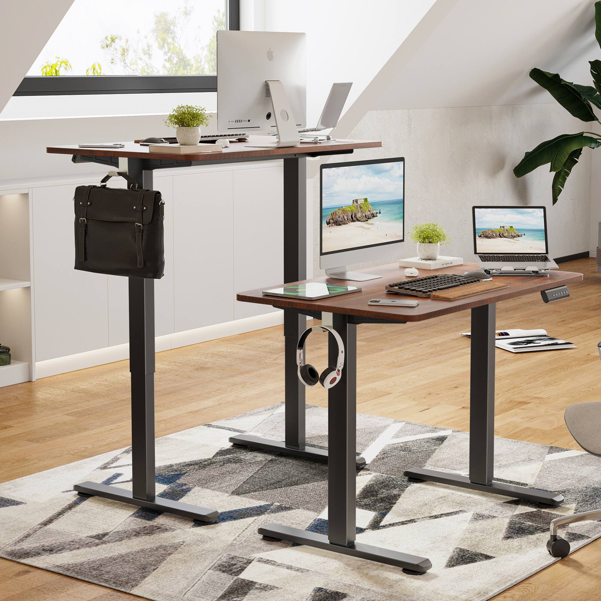 Angle. GOODSILO - Electric Standing Desk Adjustable Height Sit Stand Home Office Desk with Splice Board - Reddish Brown.