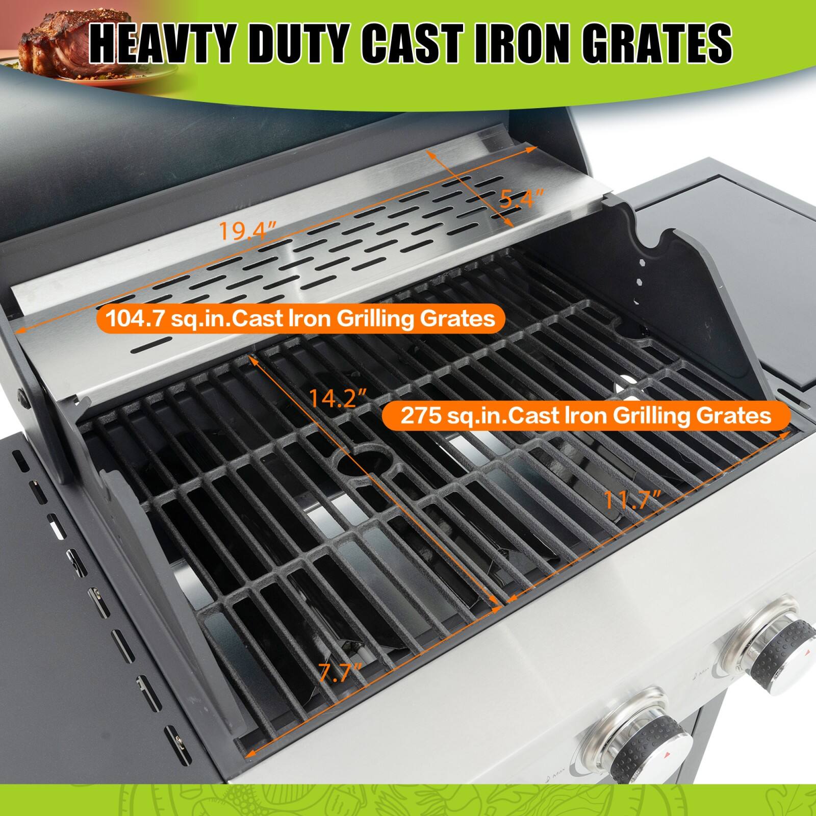 HEAVY DUTY CAST IRON GRATES

- 19.4" x 5.4" - 104.7 sq.in. Cast Iron Grilling Grates
- 14.2" x 11.7" - 275 sq.in. Cast Iron Grilling Grates