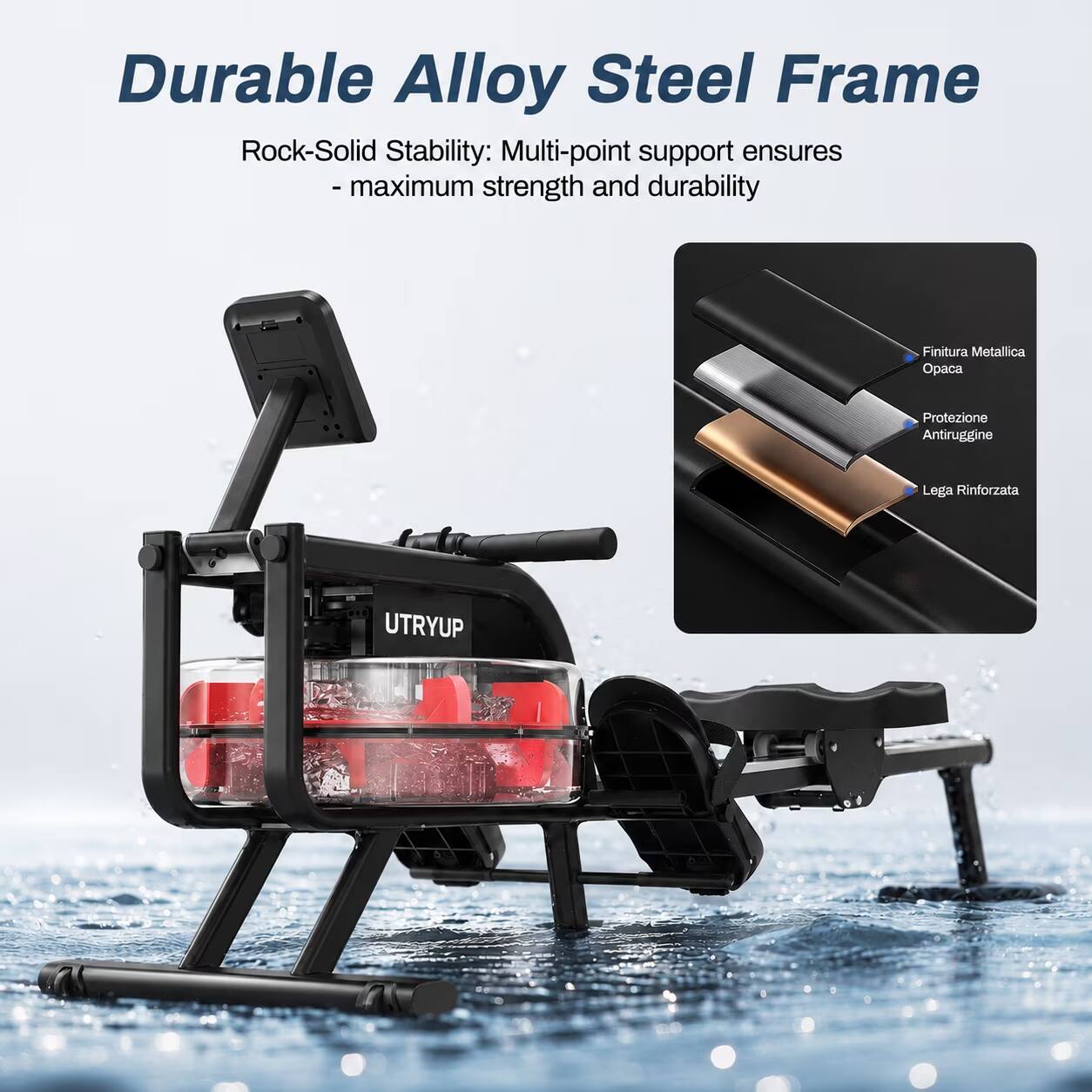 Durable Alloy Steel Frame  
Rock-Solid Stability: Multi-point support ensures - maximum strength and durability  

Finitura Metallica Opaca  
Protezione Antiruggine  
Lega Rinforzata  

UTRYUP