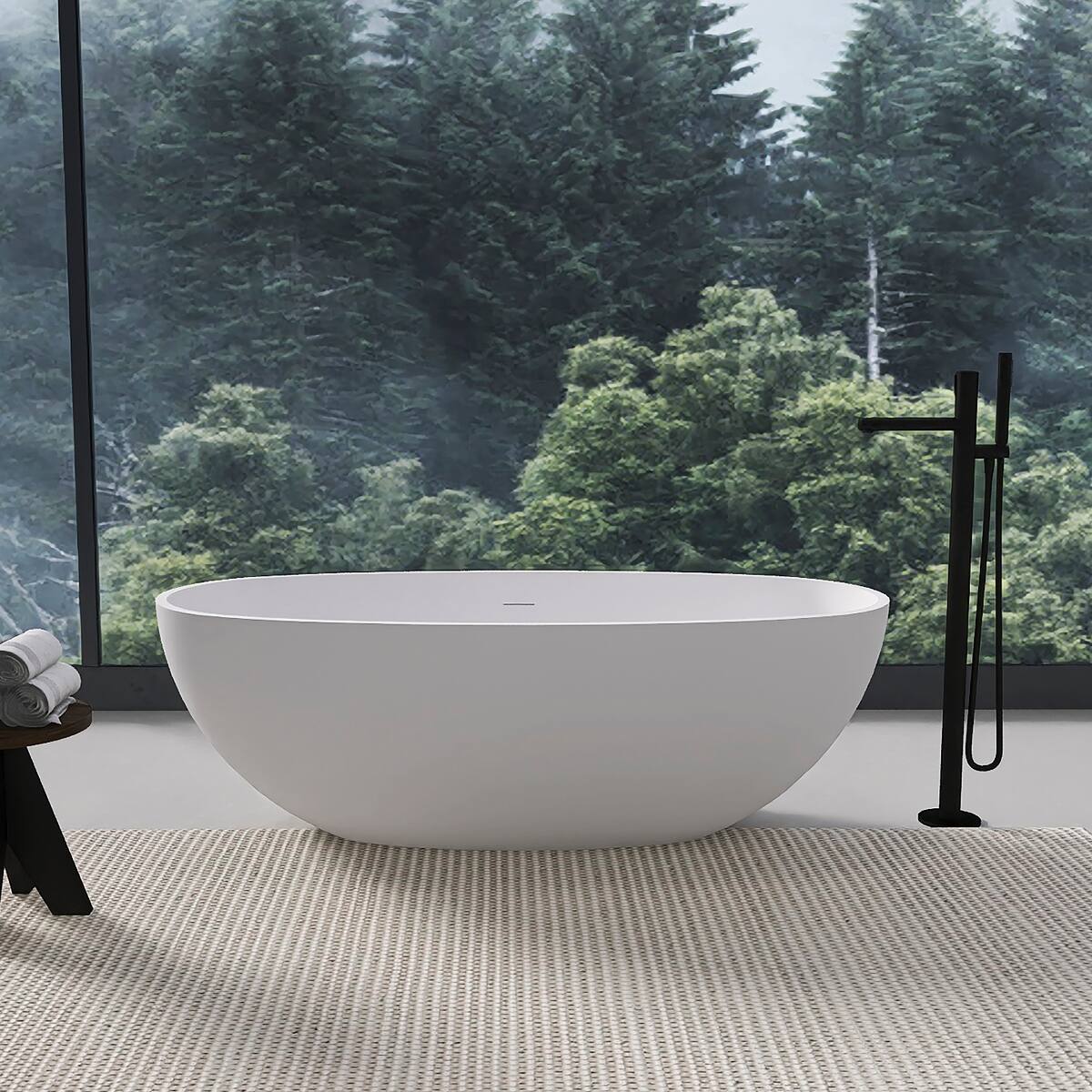 Front. Loheer - Loheer 65.2 in Freestanding Solid Surface Soaking Bathtub Matte White Oval Center Drain - Matte White.